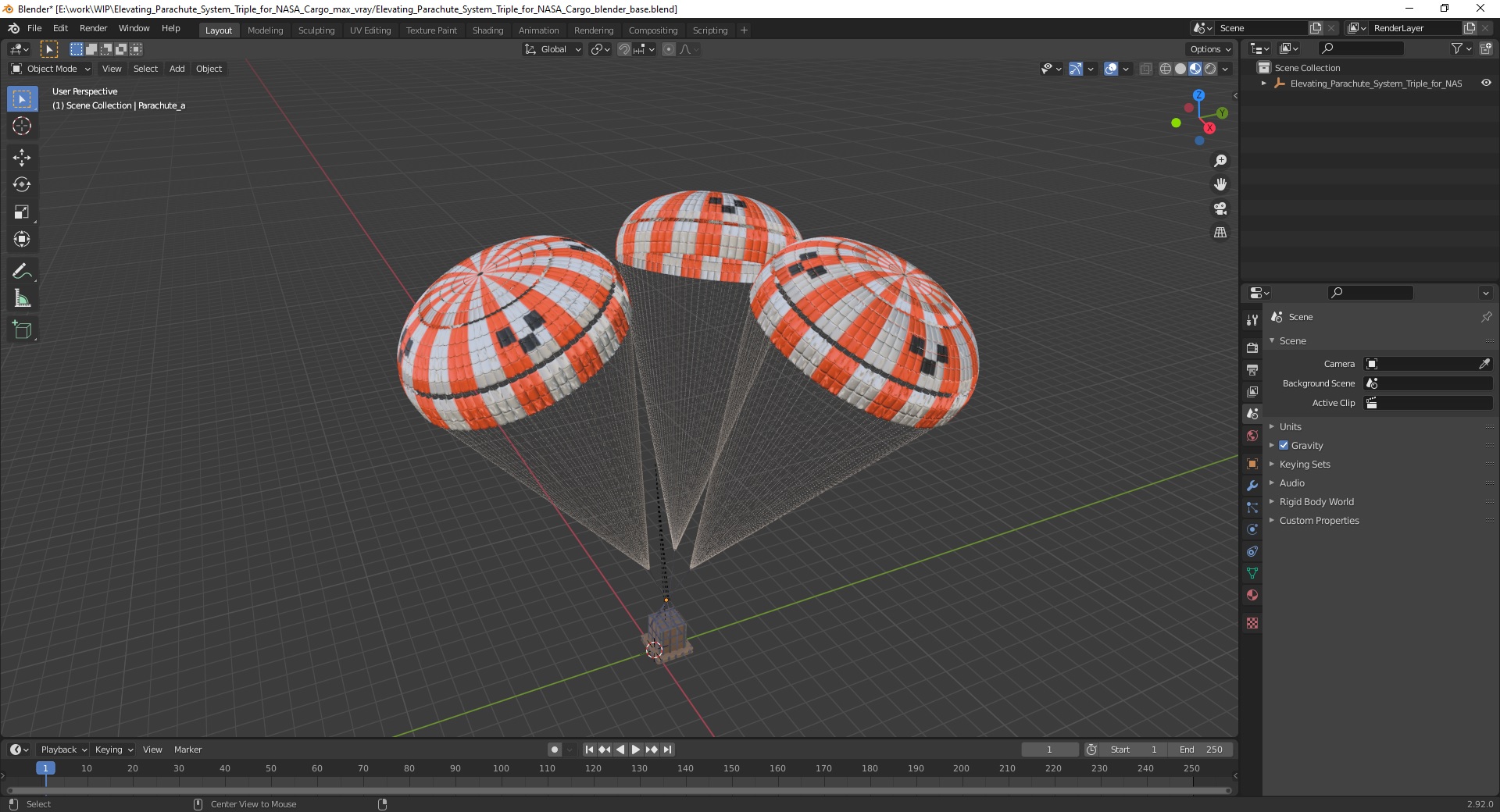 3D Elevating Parachute System Triple for NASA Cargo model