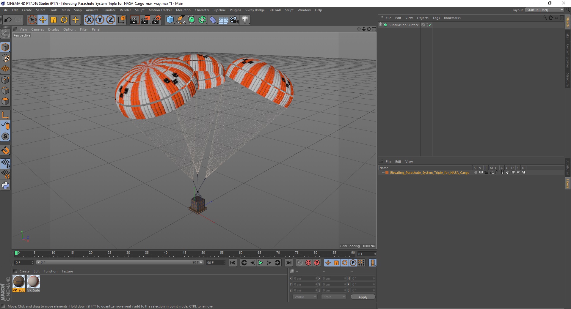 3D Elevating Parachute System Triple for NASA Cargo model