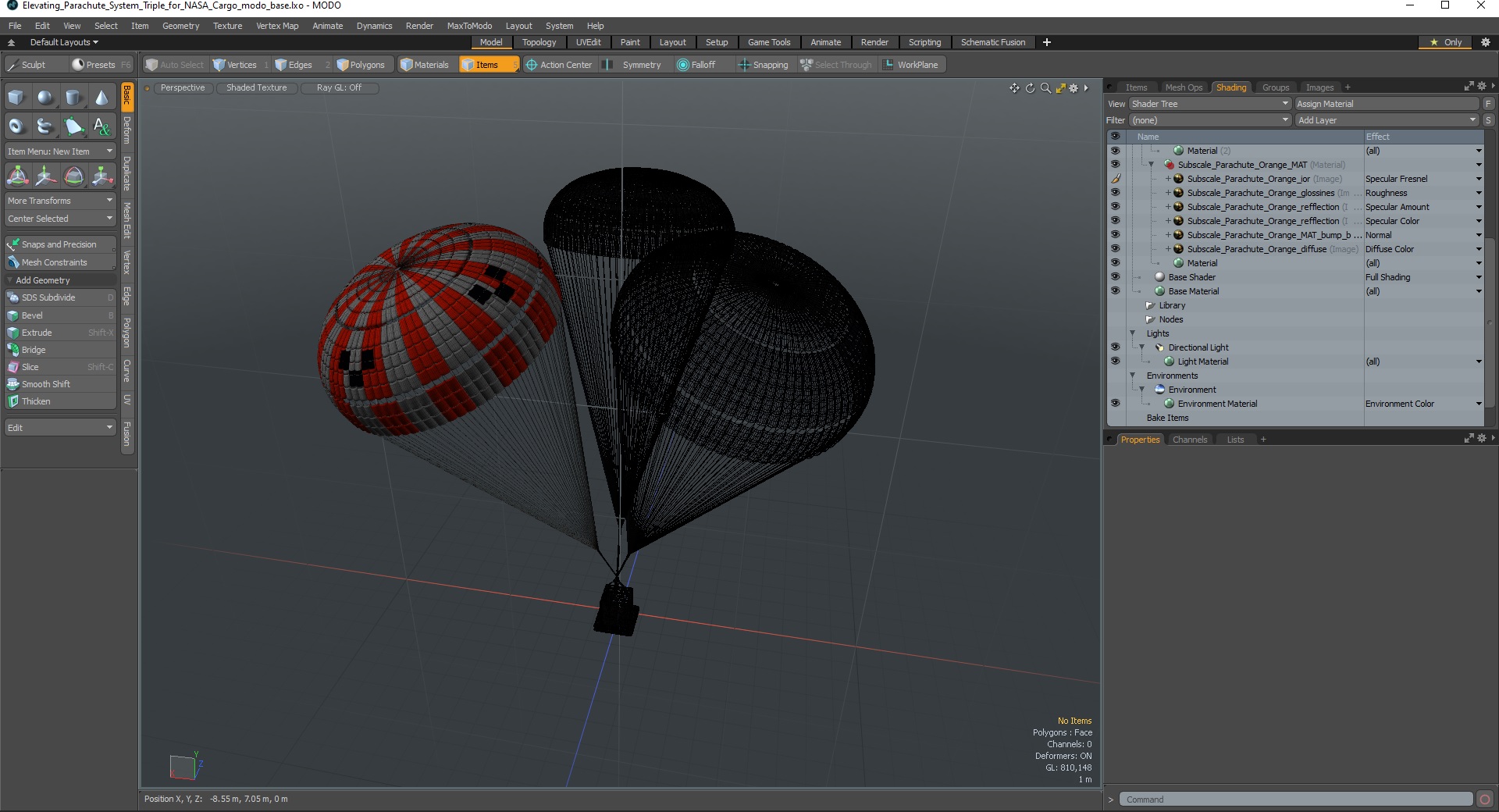 3D Elevating Parachute System Triple for NASA Cargo model