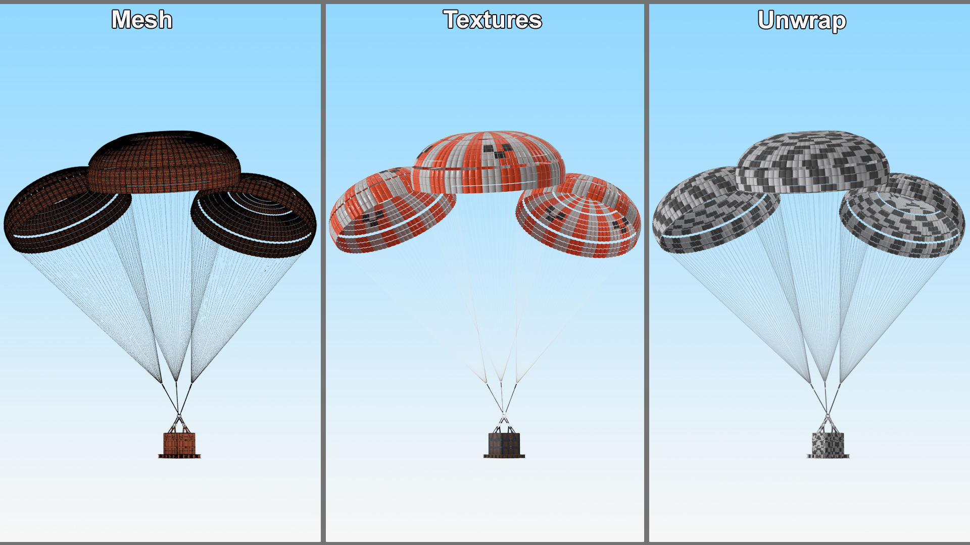 3D Elevating Parachute System Triple for NASA Cargo model