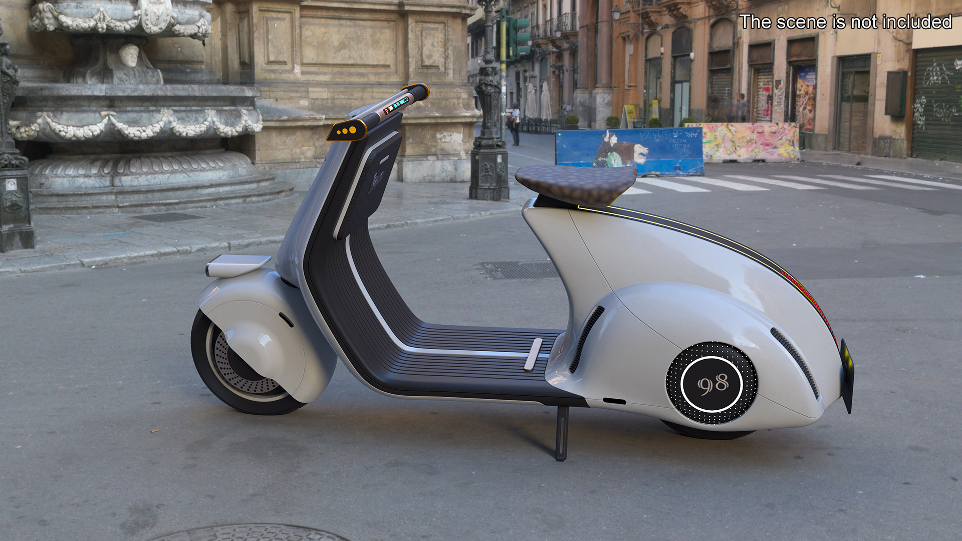 3D Futuristic Blue Electric Scooter Vespa 98 Parked Lights On model