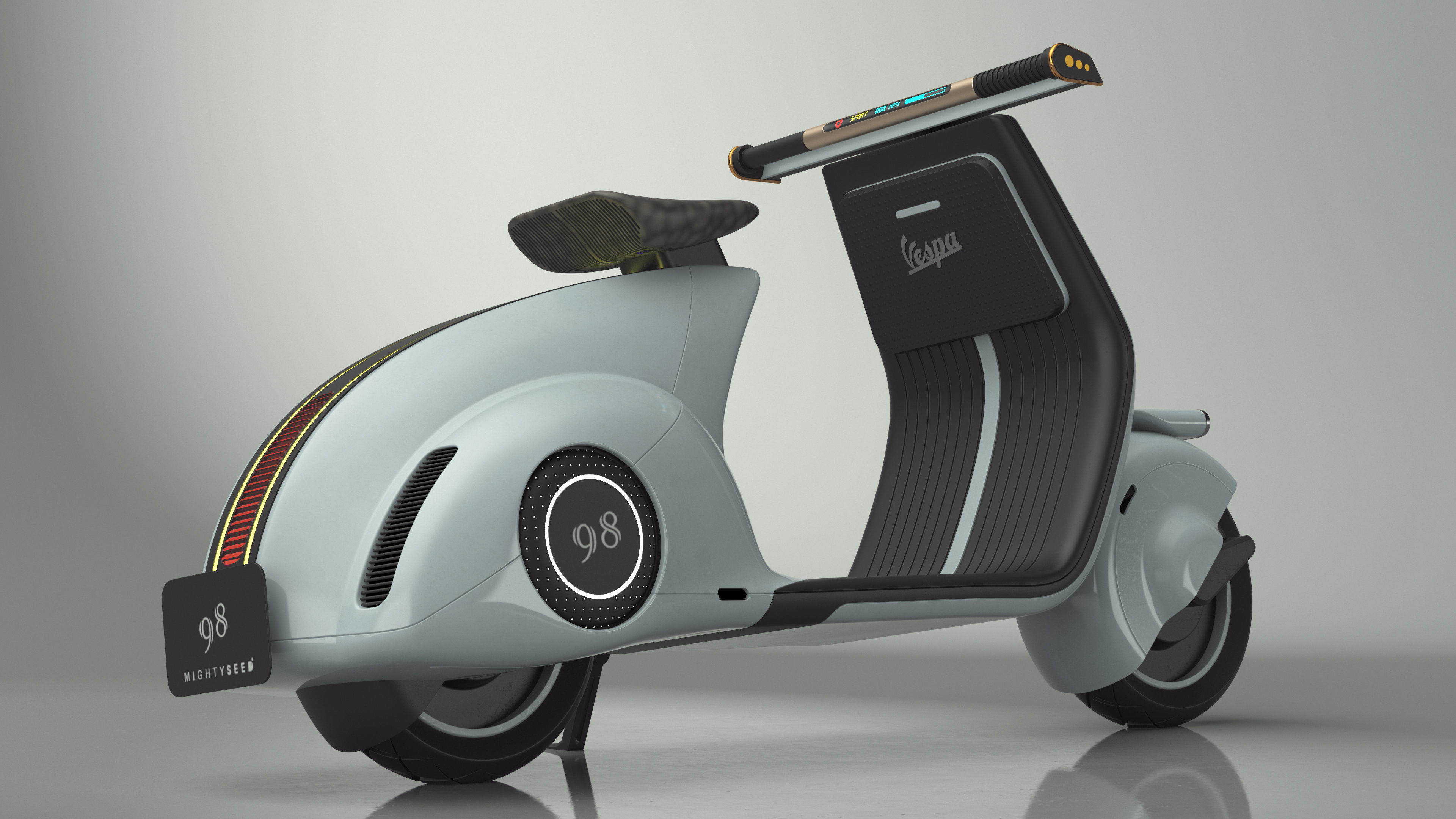 3D Futuristic Blue Electric Scooter Vespa 98 Parked Lights On model