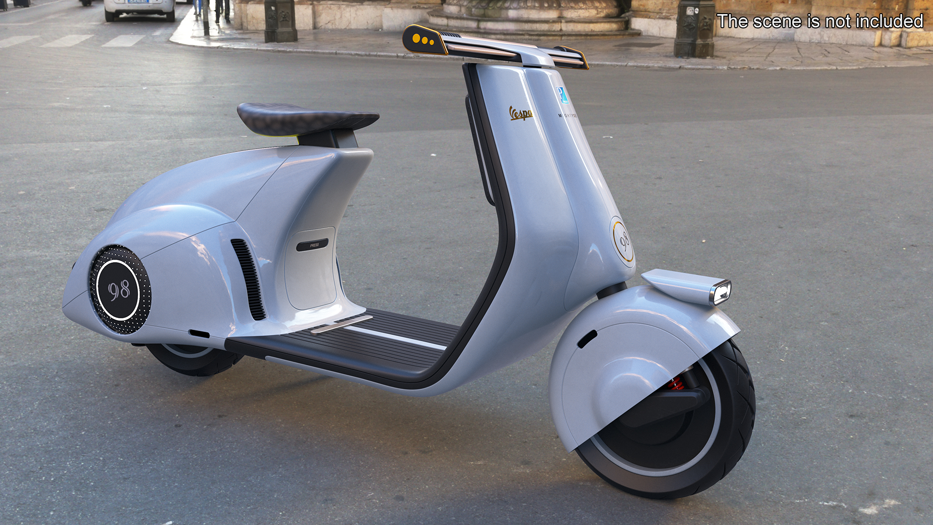 3D Futuristic Blue Electric Scooter Vespa 98 Parked Lights On model