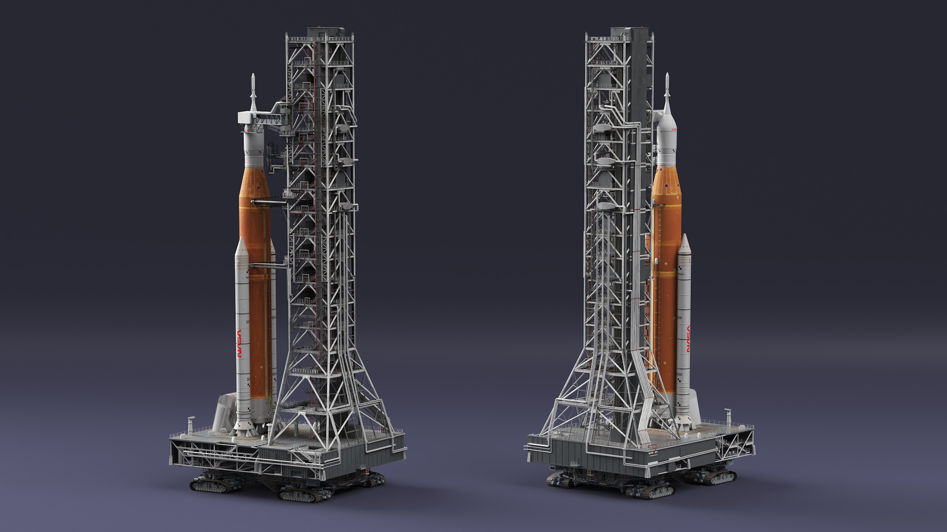 Space Launch System with Crawler Transporter and Launch Pad 3D model