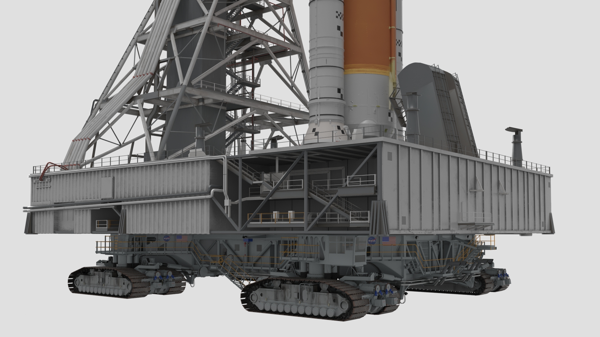 Space Launch System with Crawler Transporter and Launch Pad 3D model