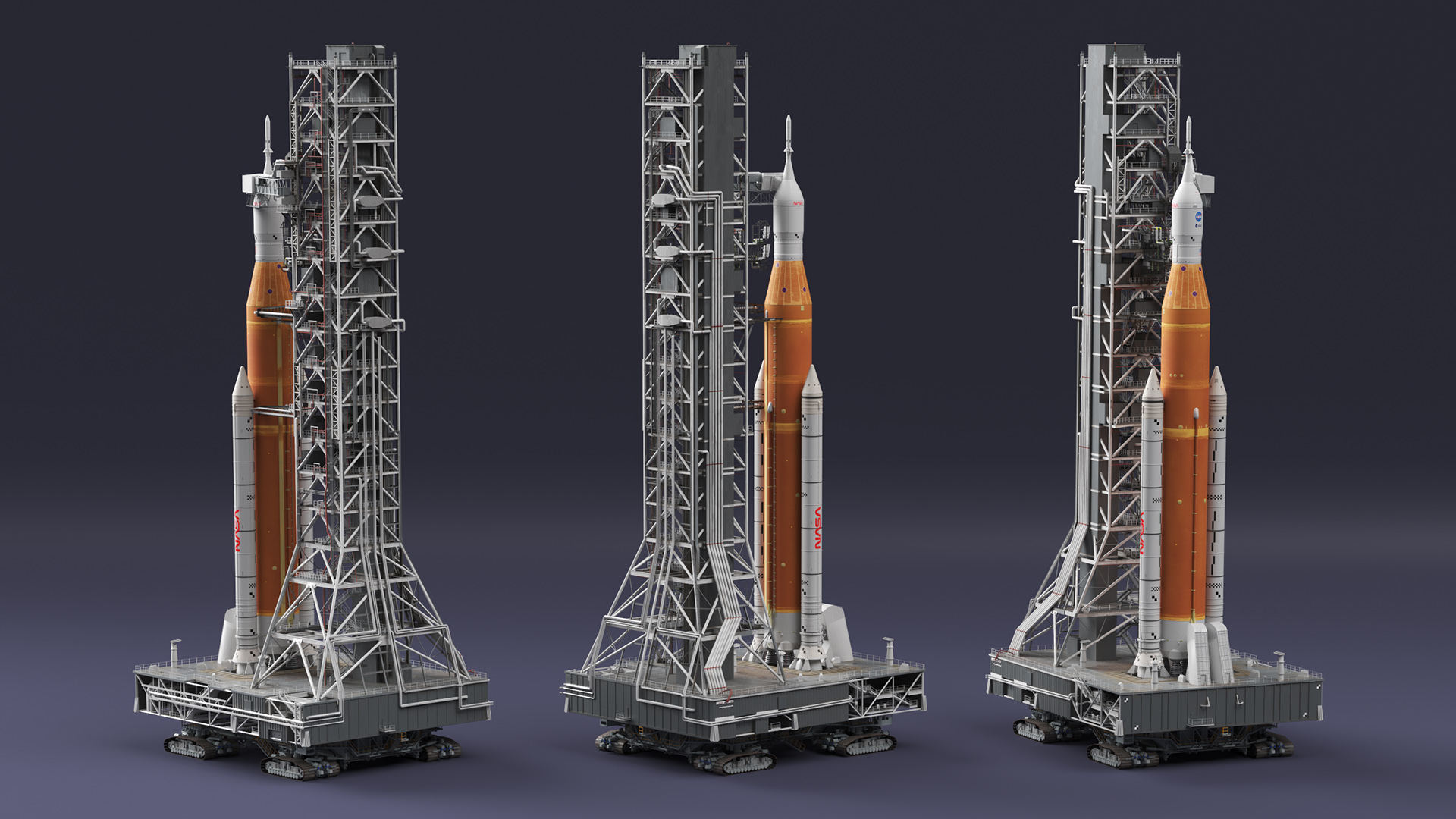 Space Launch System with Crawler Transporter and Launch Pad 3D model