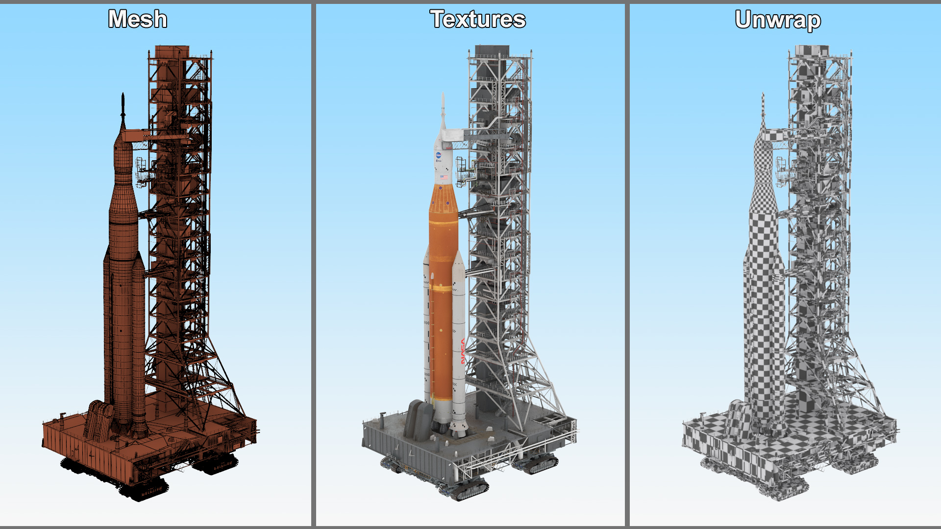 Space Launch System with Crawler Transporter and Launch Pad 3D model