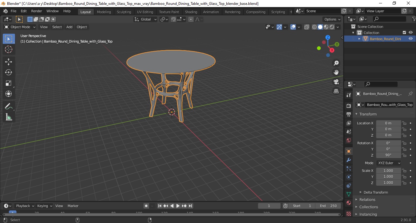 3D model Bamboo Round Dining Table with Glass Top