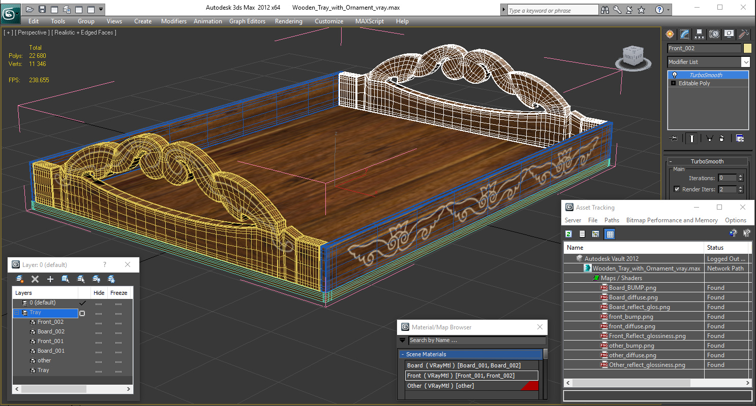 3D model Wooden Tray with Ornament