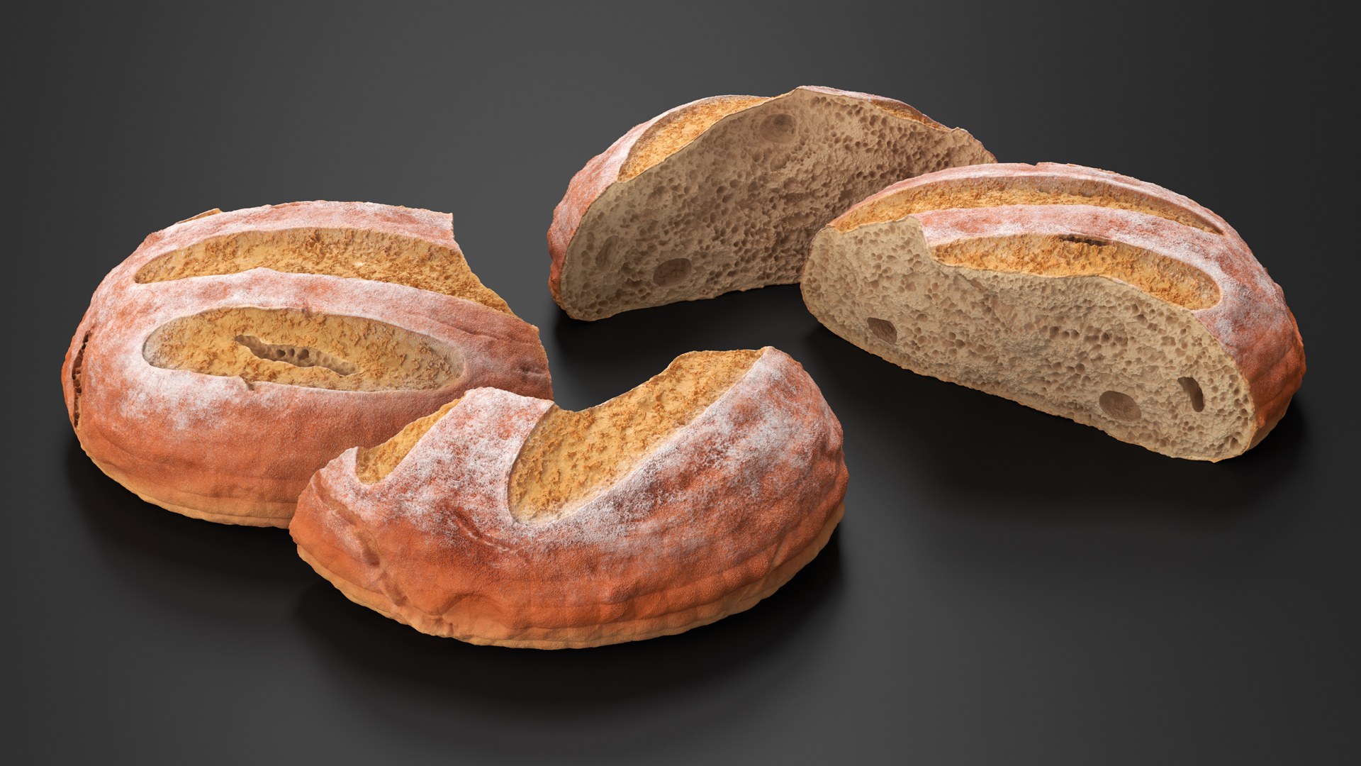 3D Broken Loaf of Round Bread