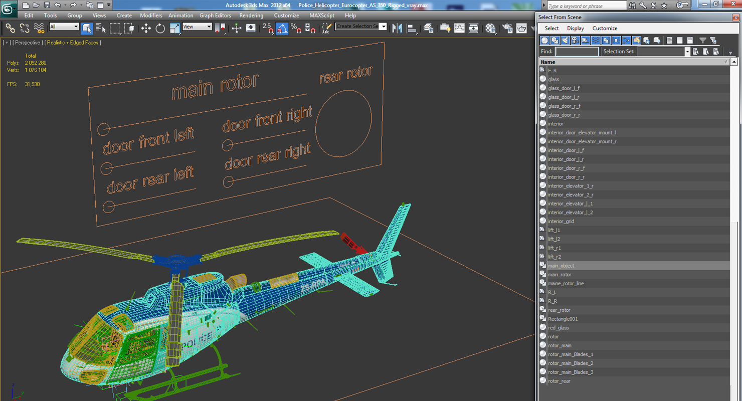 Police Helicopter Eurocopter AS 350 Rigged 3D