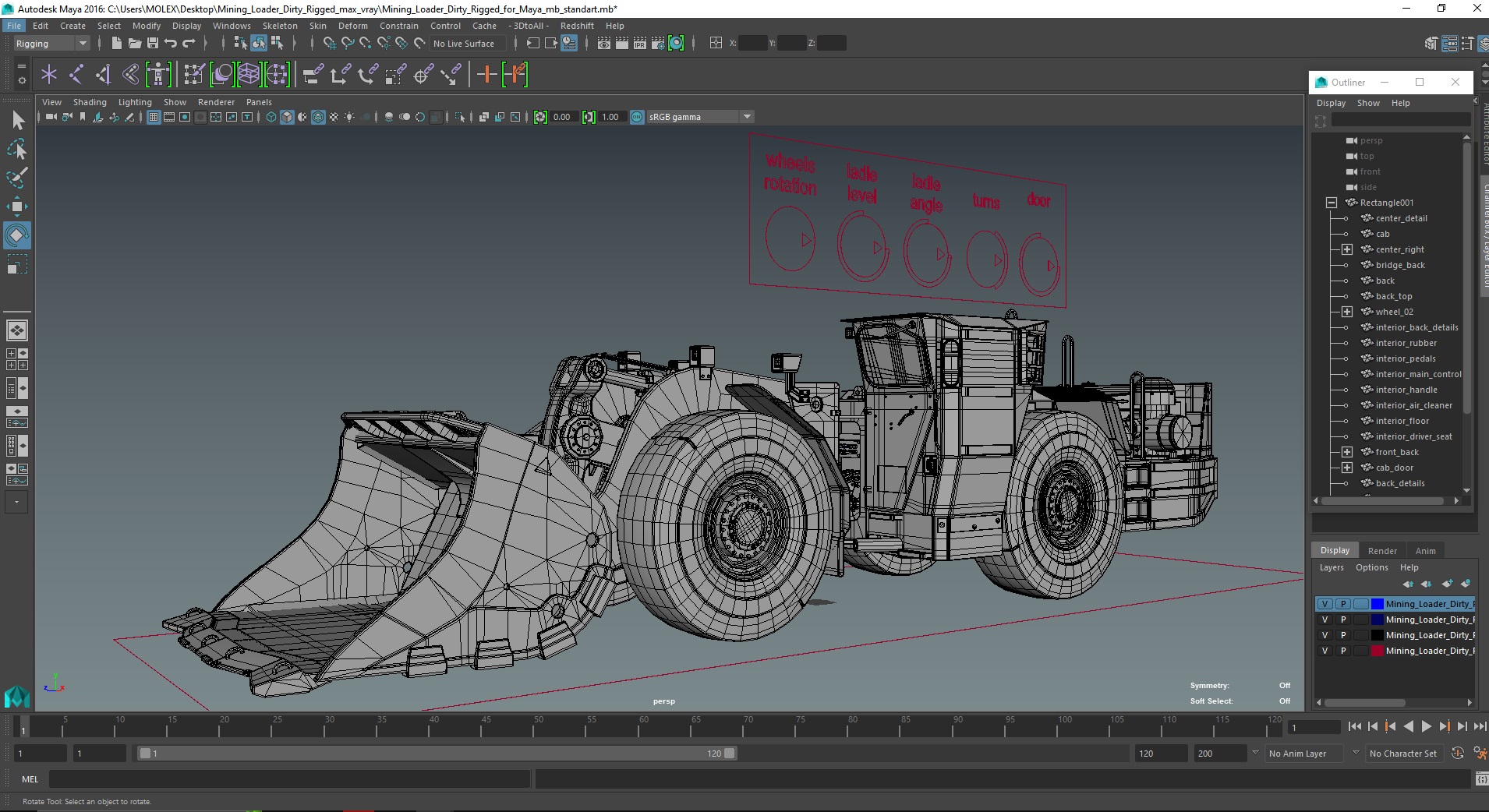 3D model Mining Loader Dirty Rigged for Maya