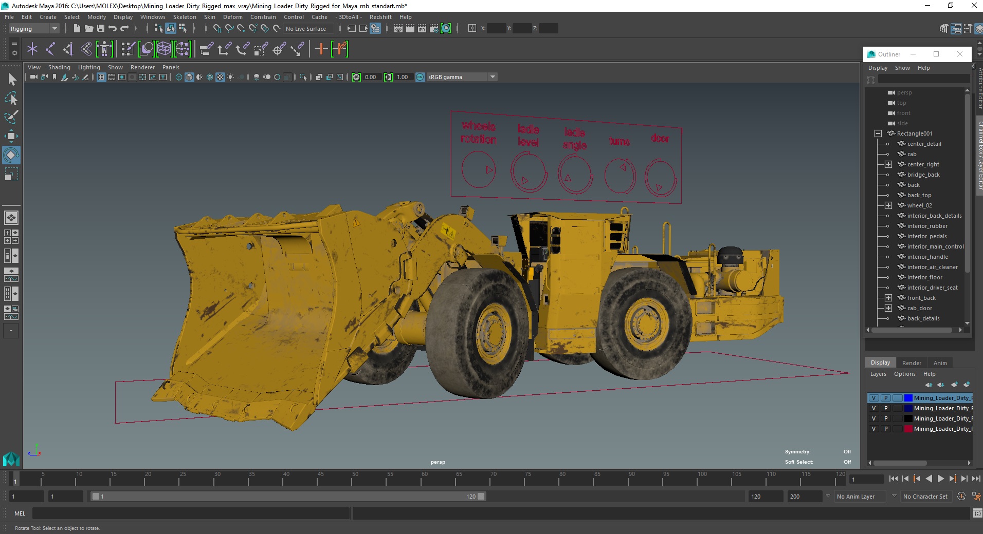 3D model Mining Loader Dirty Rigged for Maya