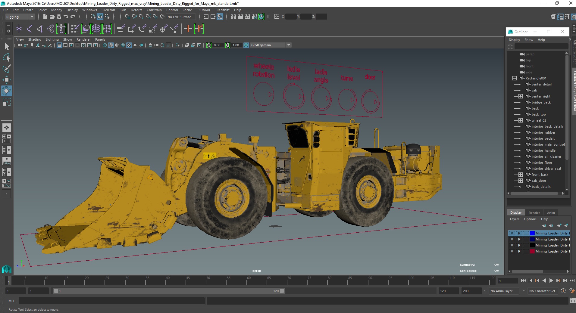 3D model Mining Loader Dirty Rigged for Maya