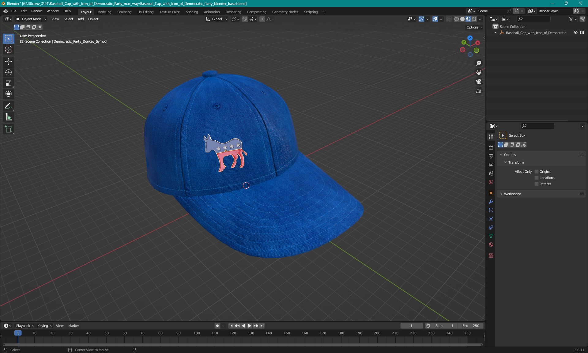 Baseball Cap with Icon of Democratic Party 3D