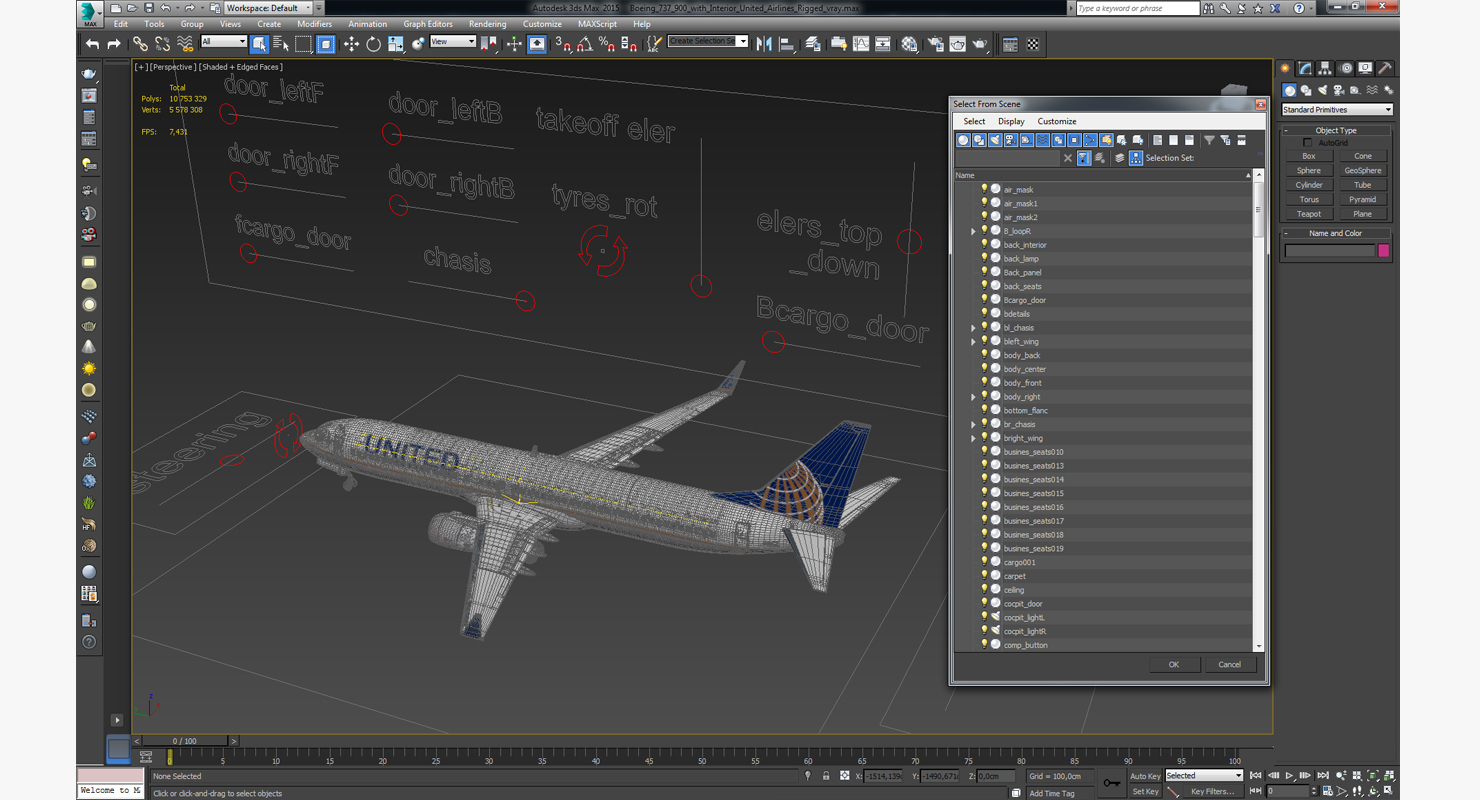 3D Boeing 737 900 with Interior United Airlines Rigged