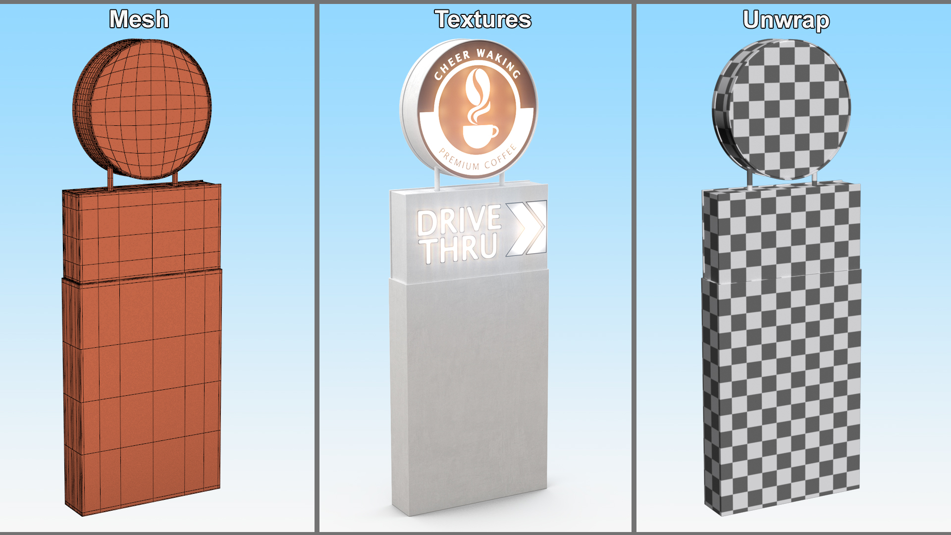 3D model Round Coffee Shop Drive Thru Signage Light On