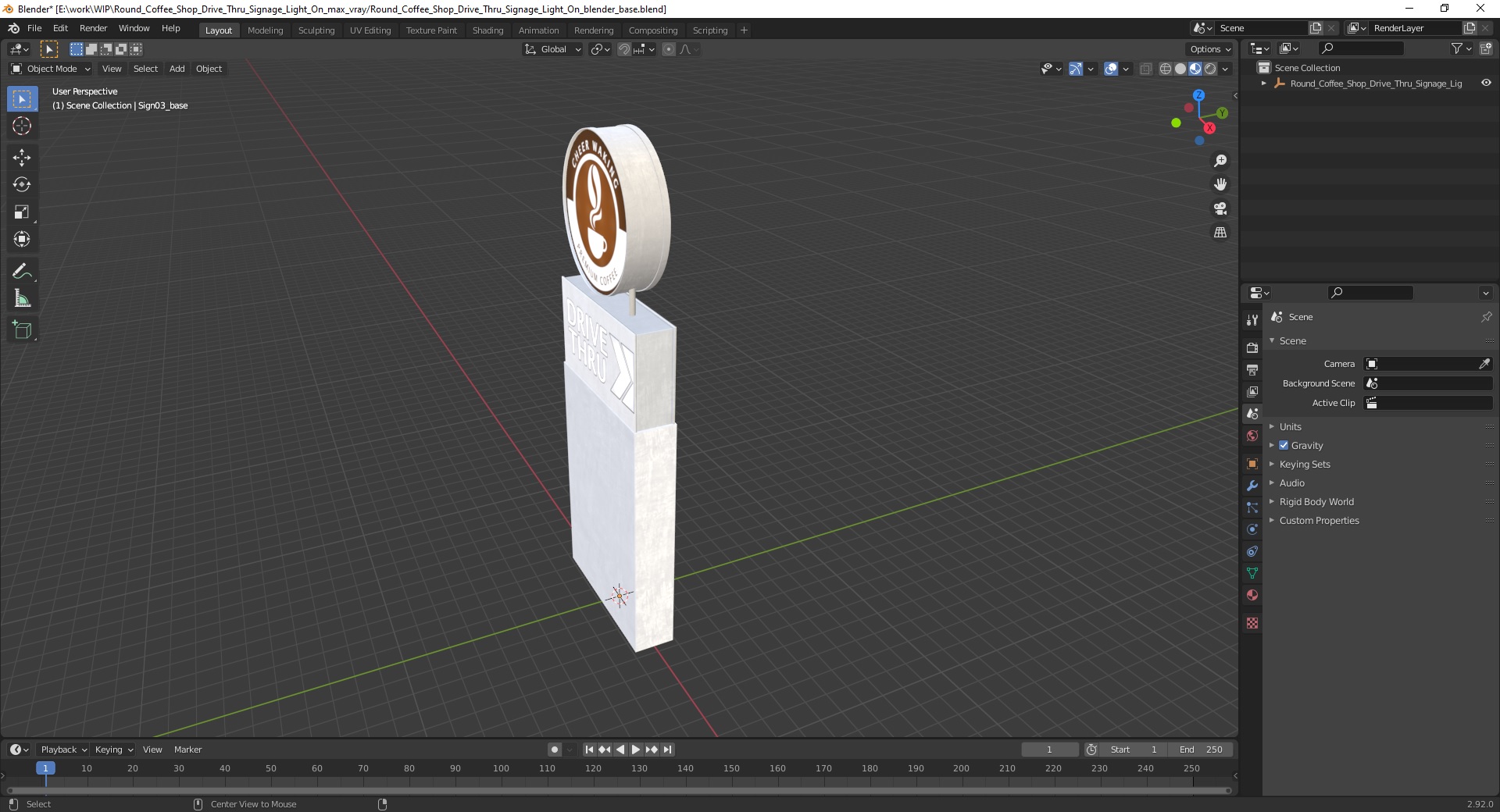 3D model Round Coffee Shop Drive Thru Signage Light On