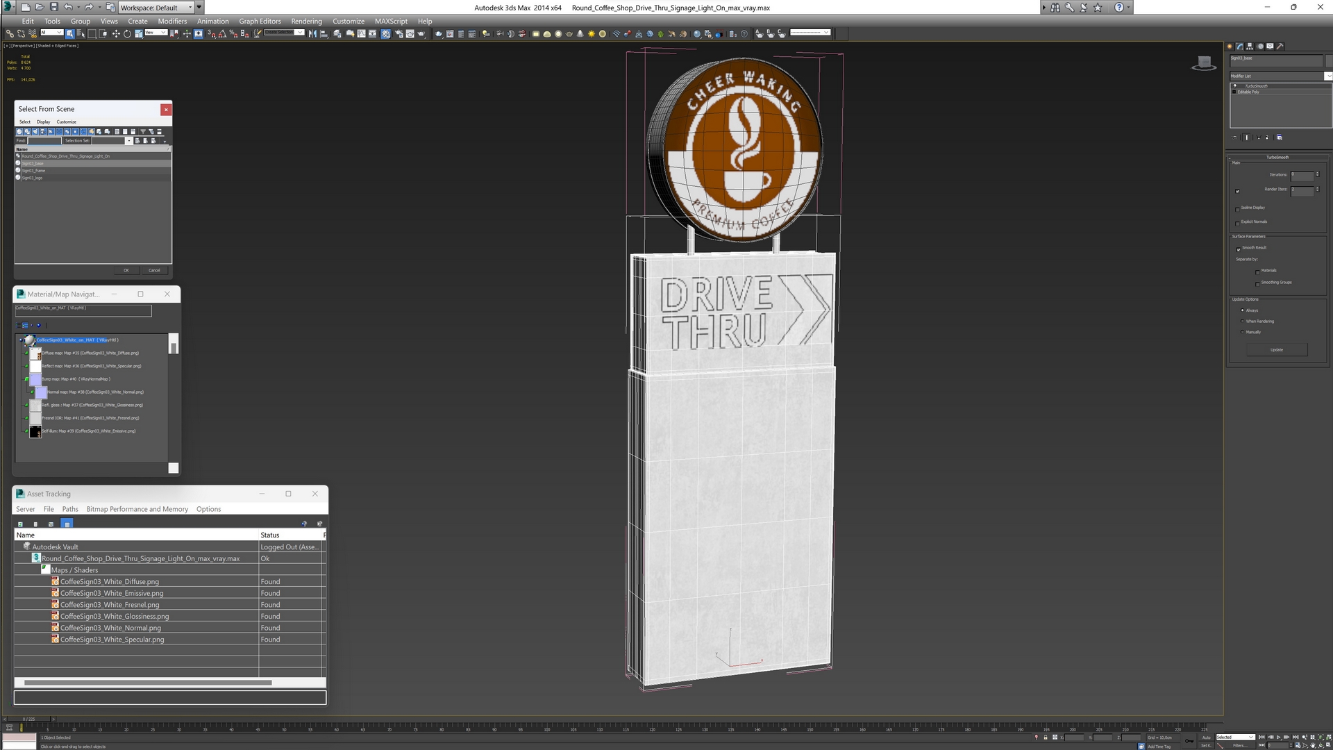 3D model Round Coffee Shop Drive Thru Signage Light On