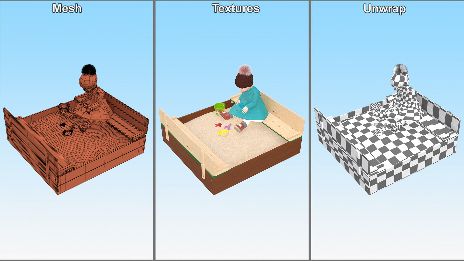 3D Baby Girl in Sandpit Fur Rigged