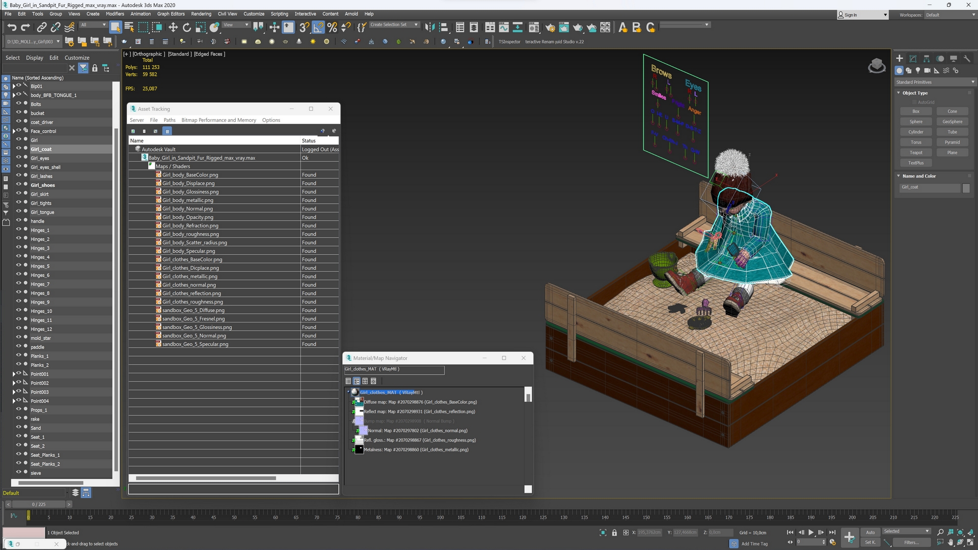 3D Baby Girl in Sandpit Fur Rigged
