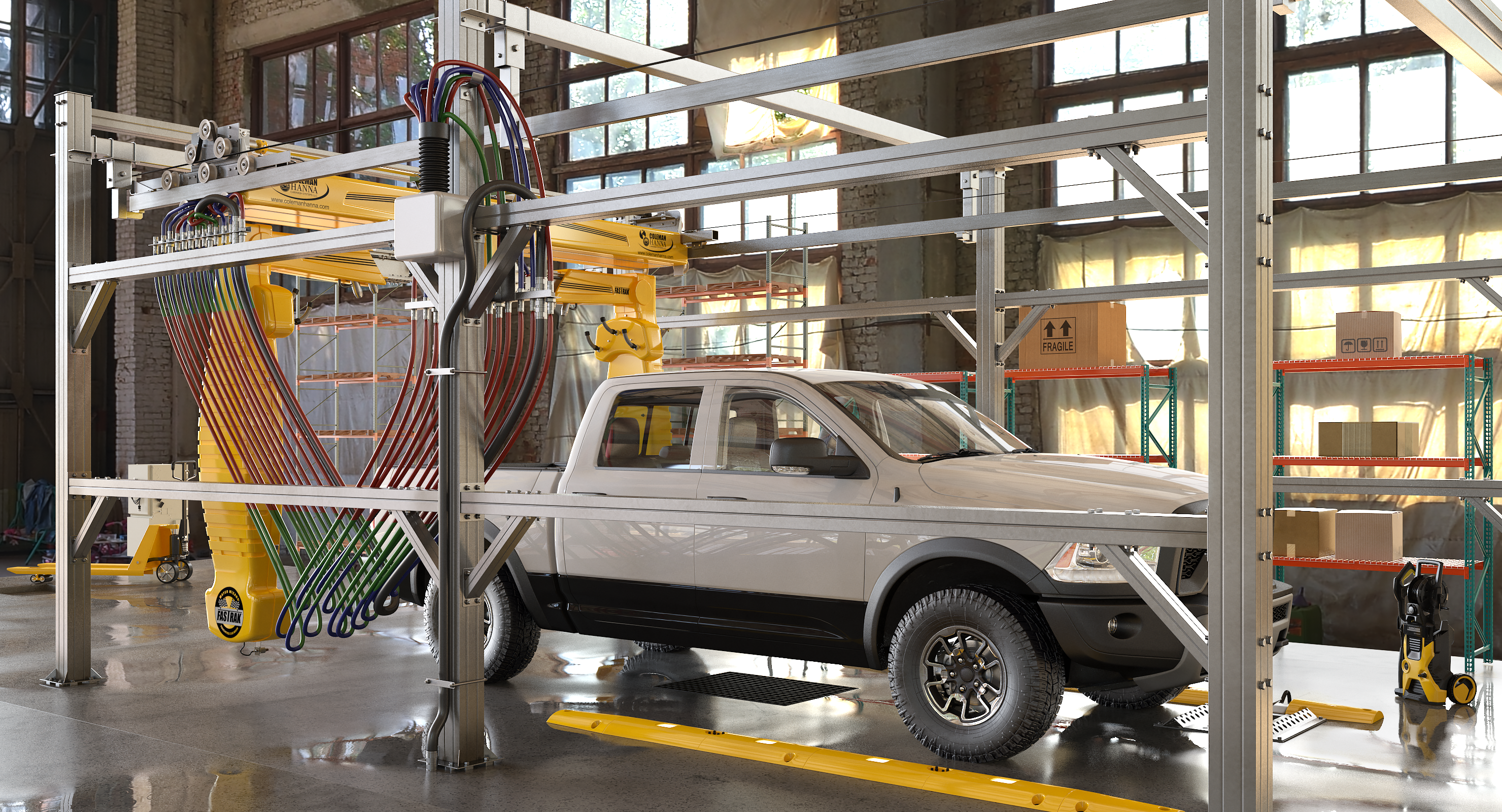 Carwash System Fastrak Touch Free with Pickup Truck Rigged 3D Model, view 3