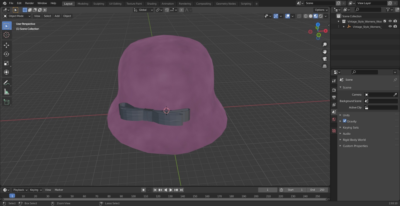 3D model Vintage Style Womens Woolen Burgundy Hat with Black Bow