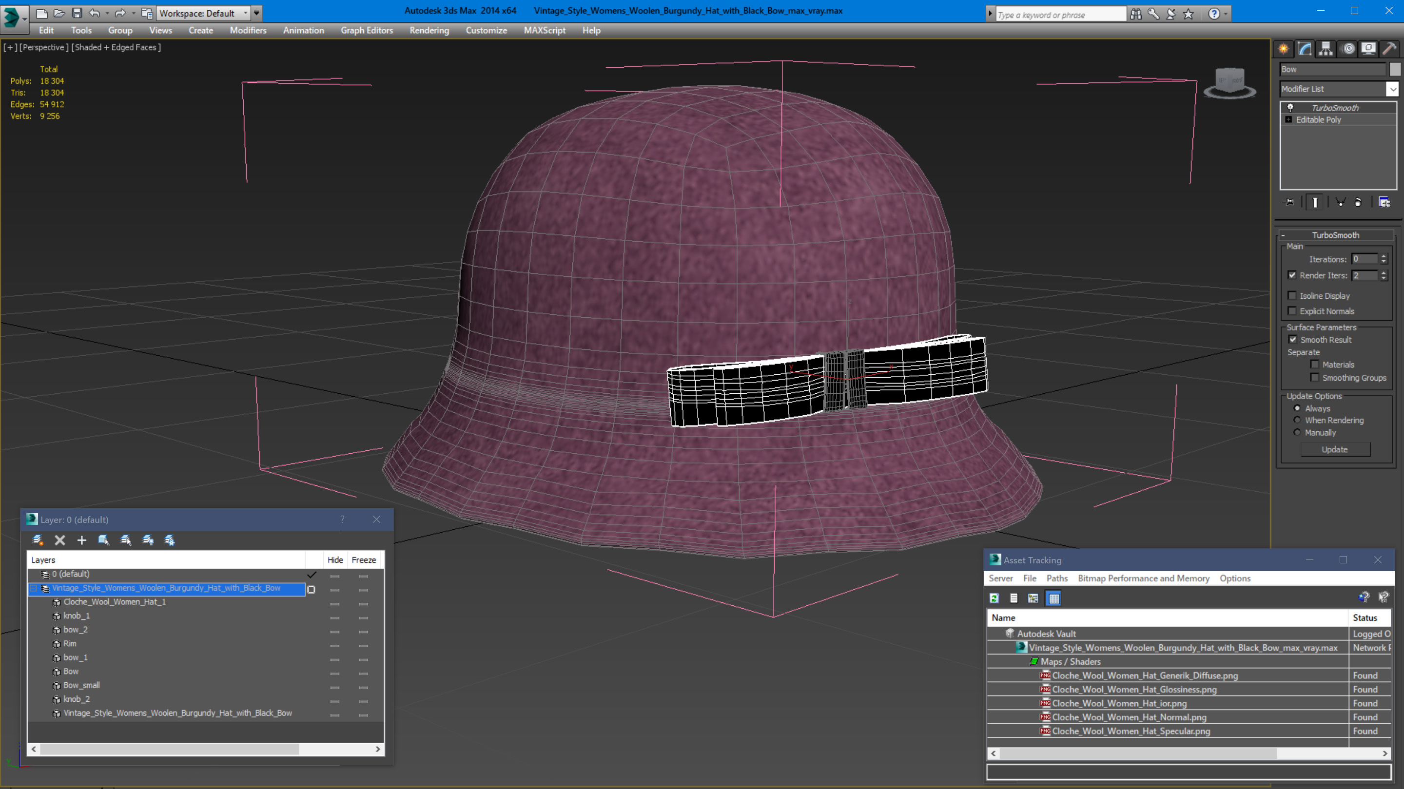 3D model Vintage Style Womens Woolen Burgundy Hat with Black Bow