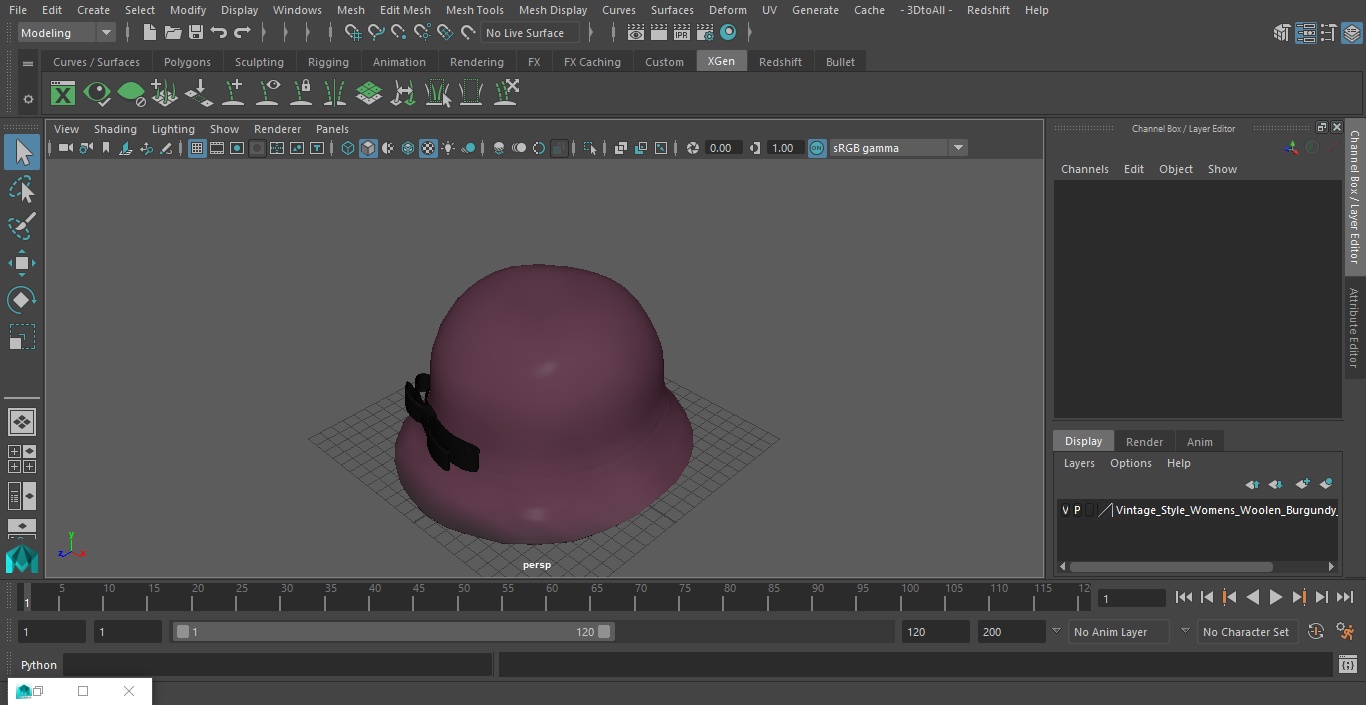 3D model Vintage Style Womens Woolen Burgundy Hat with Black Bow