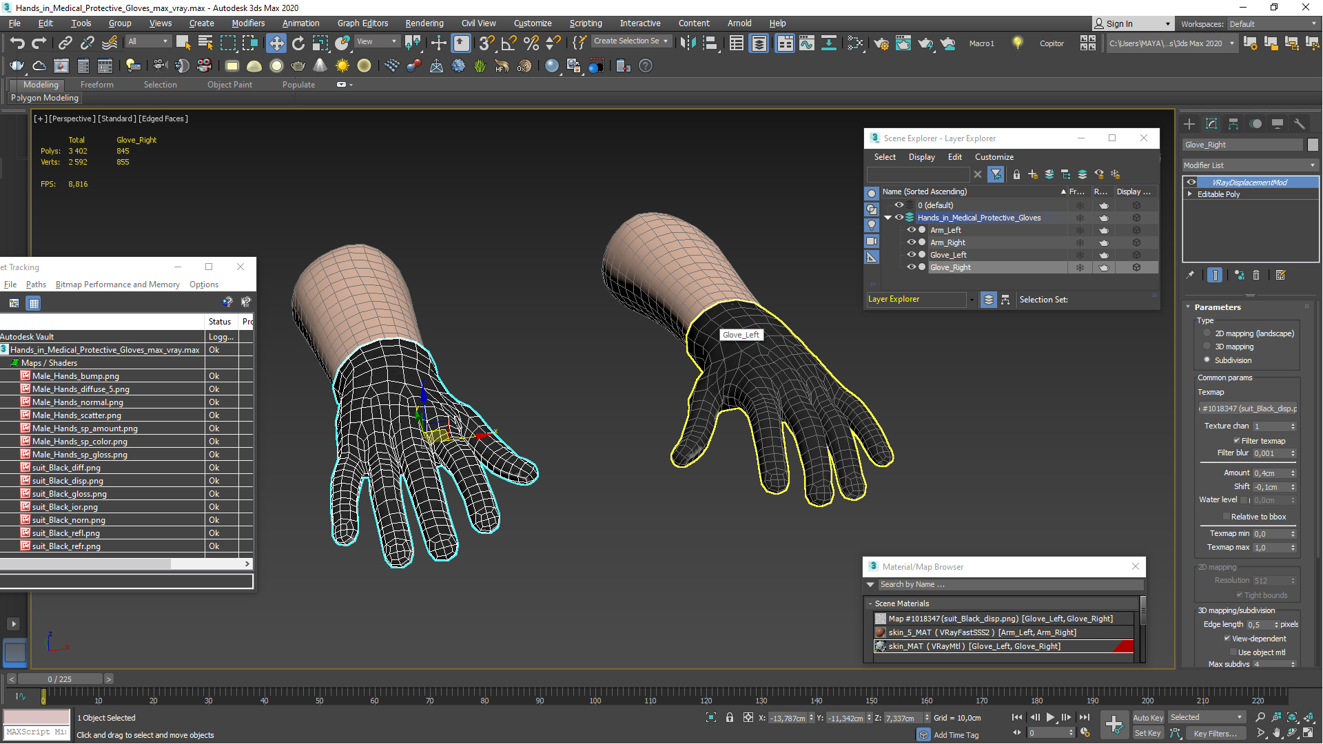 3D Gloved Hands Medical Black