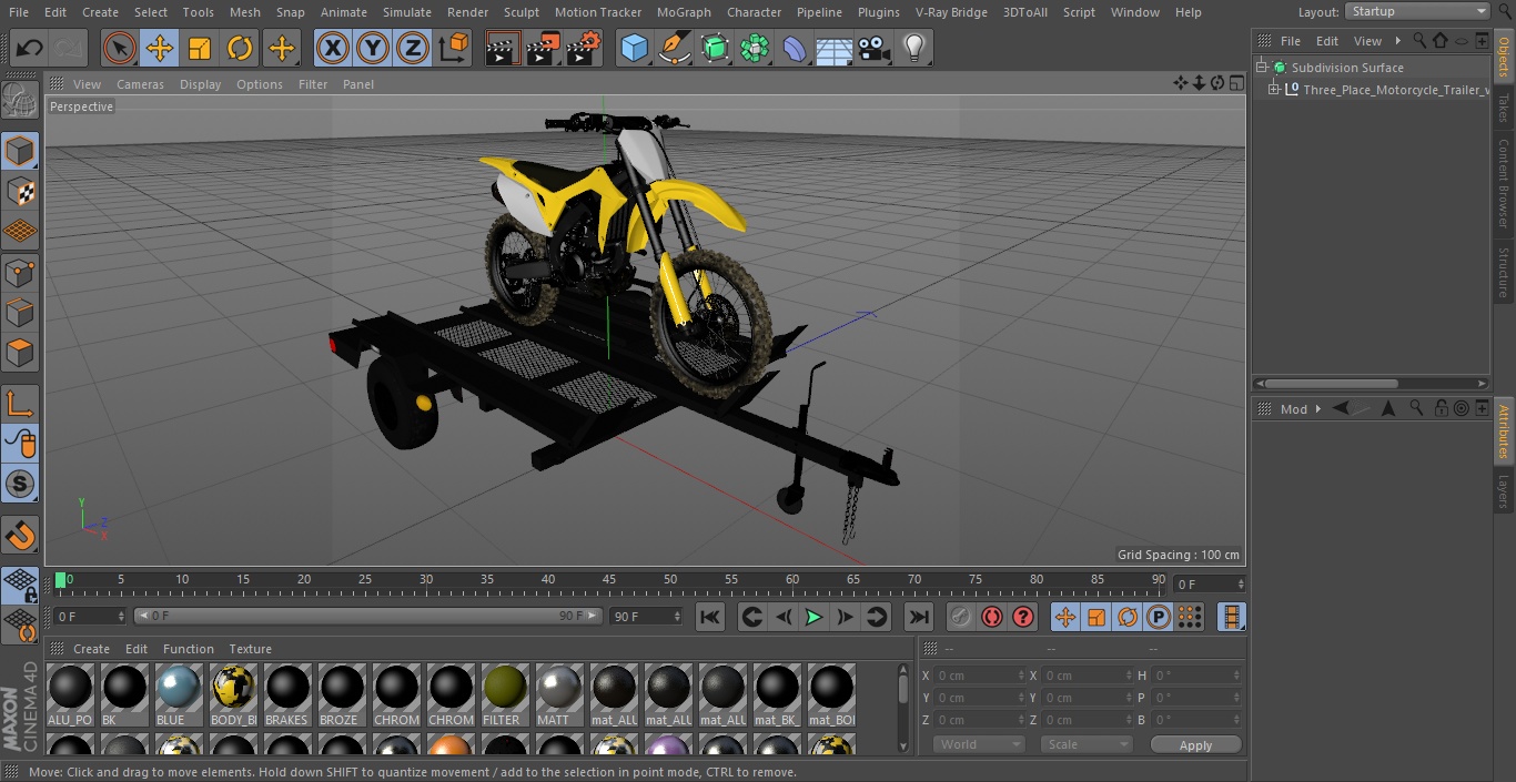 3D model Three Place Motorcycle Trailer with Motorbike