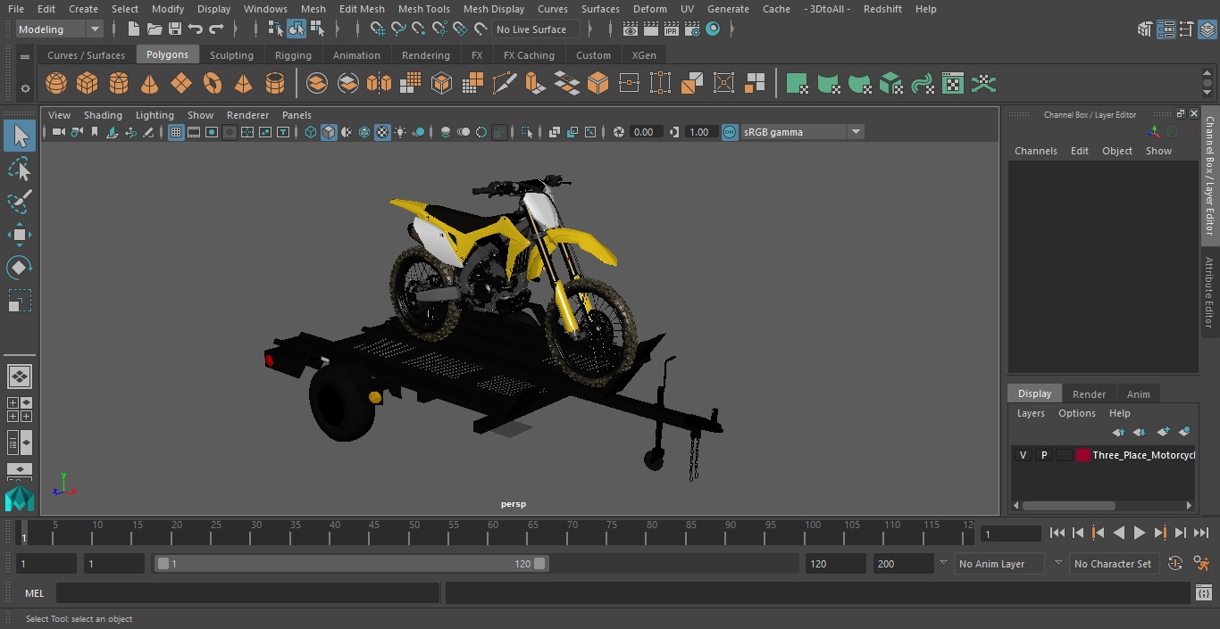 3D model Three Place Motorcycle Trailer with Motorbike