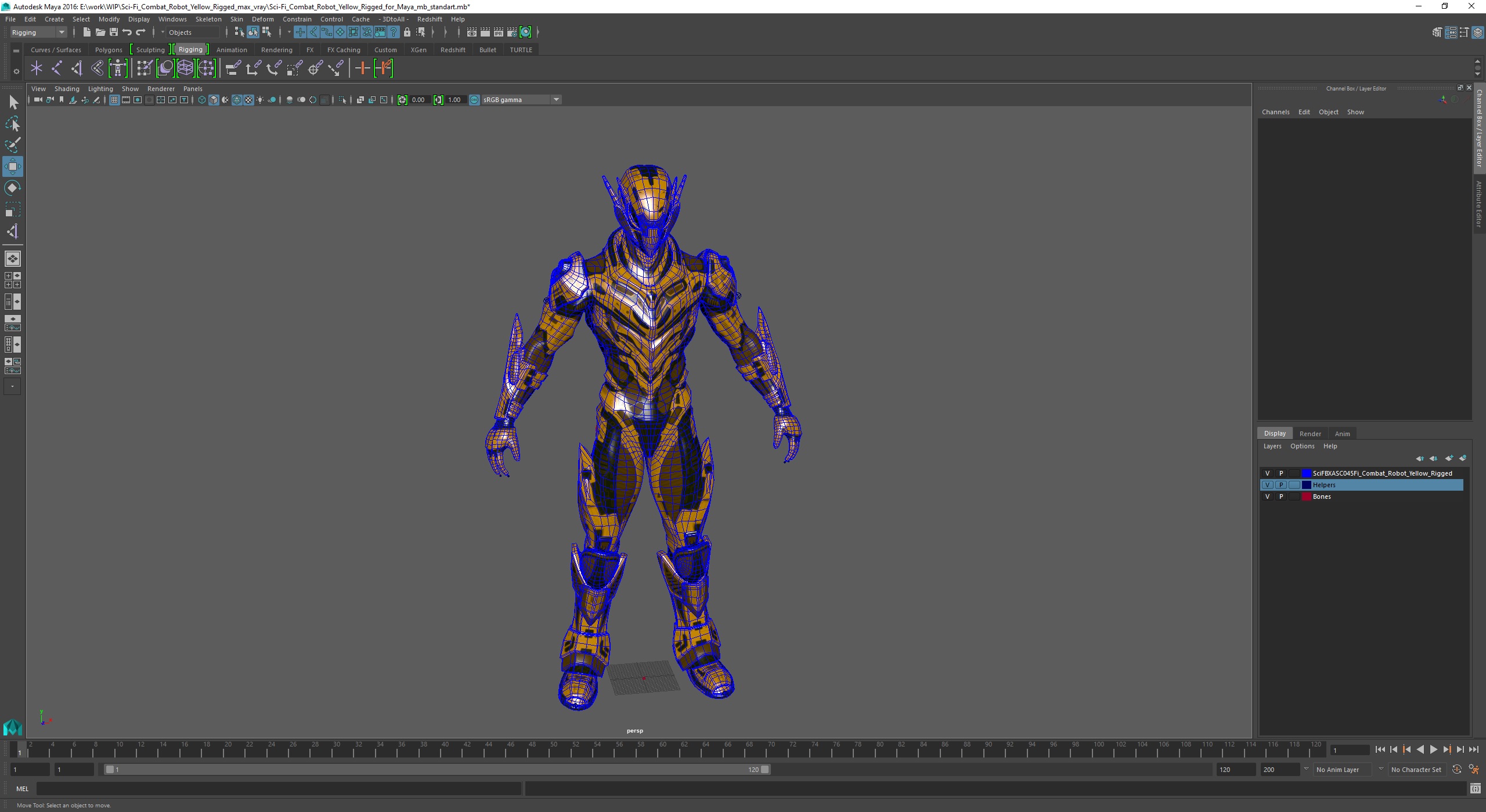 Sci-Fi Combat Robot Yellow Rigged for Maya 3D