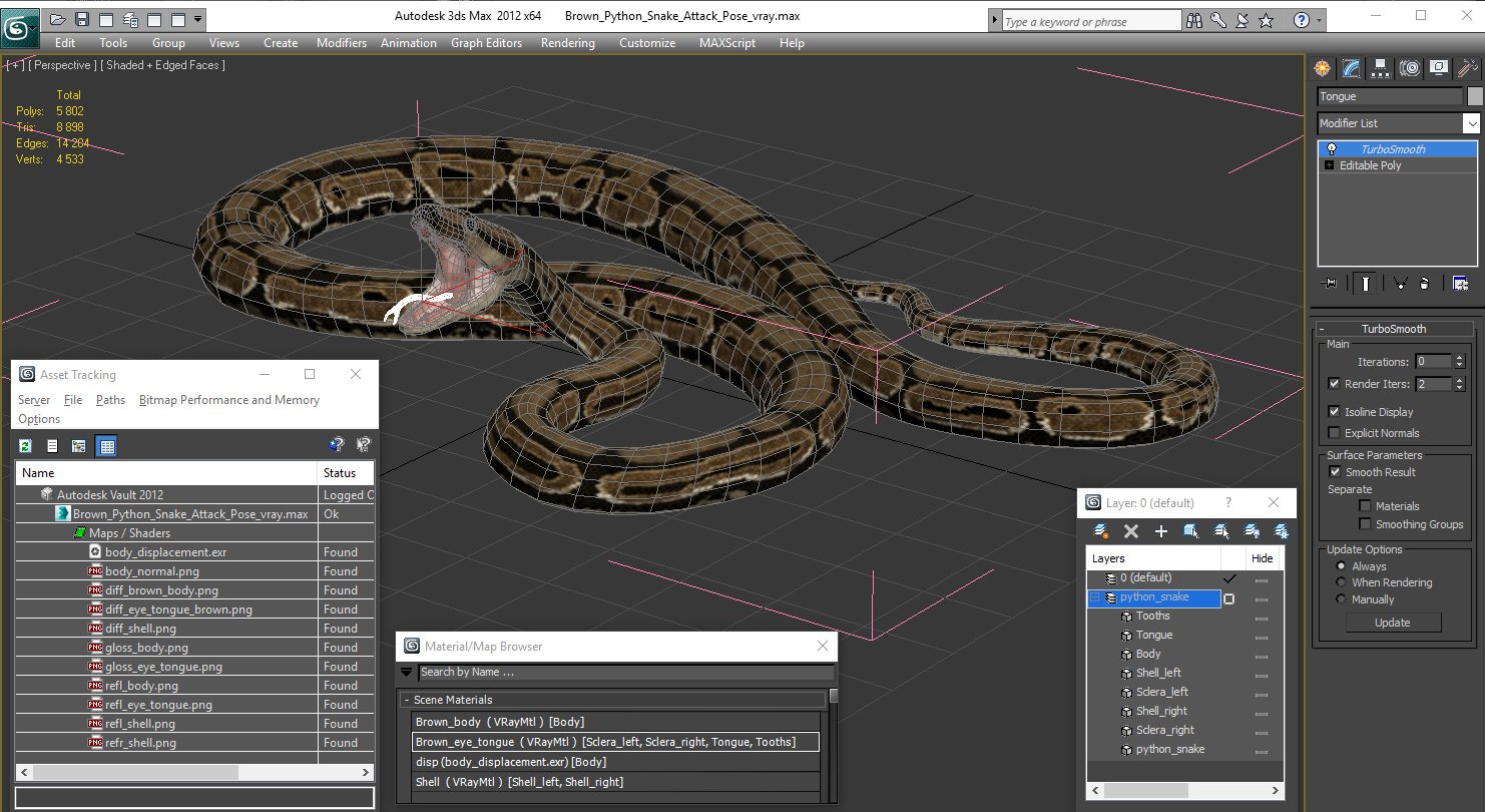 3D model Brown Python Snake Attack Pose