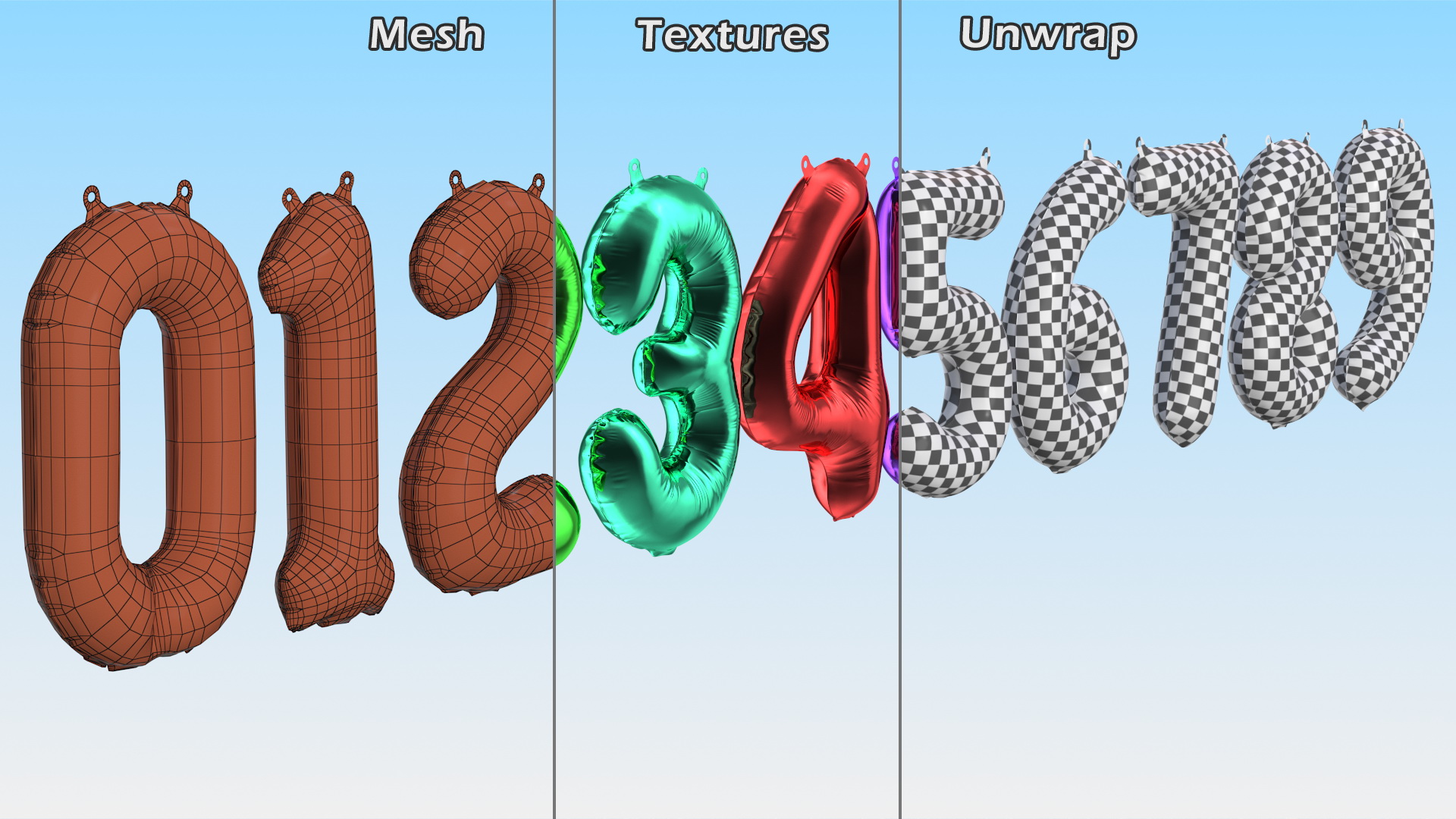 Balloon Numbers Set Multicolored 3D