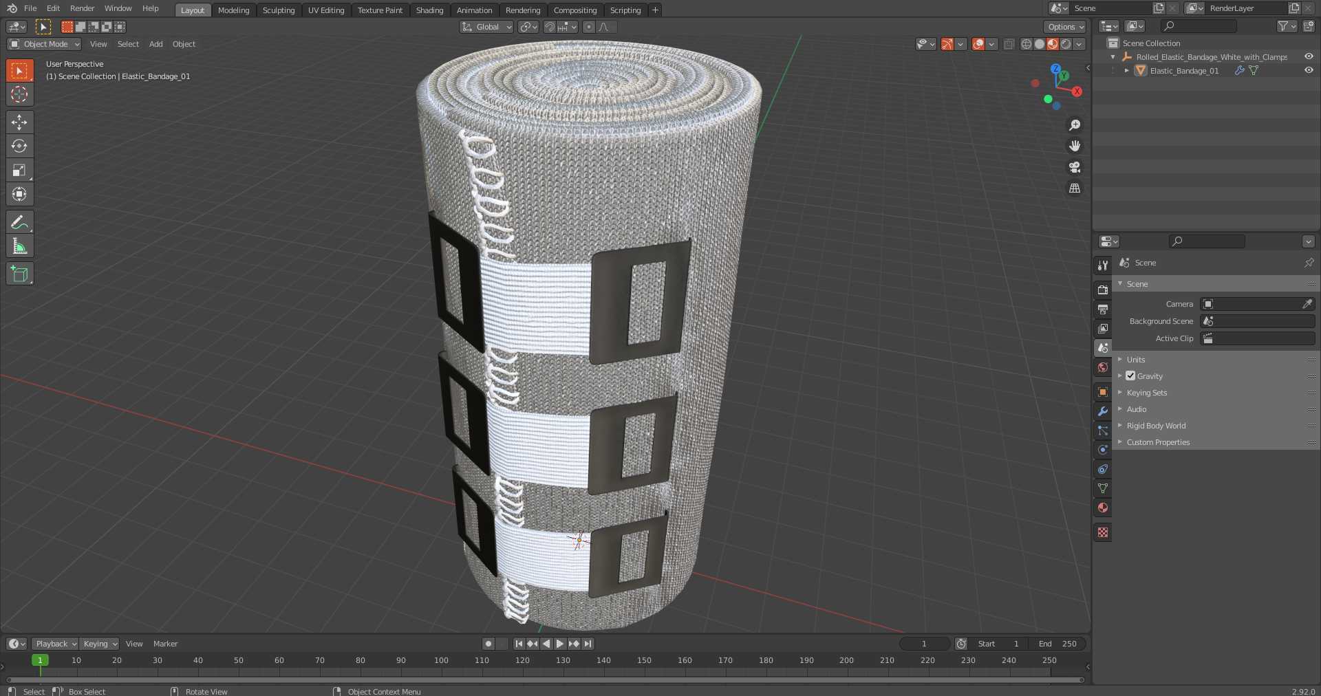 3D model Rolled Elastic Bandage White with Clamps