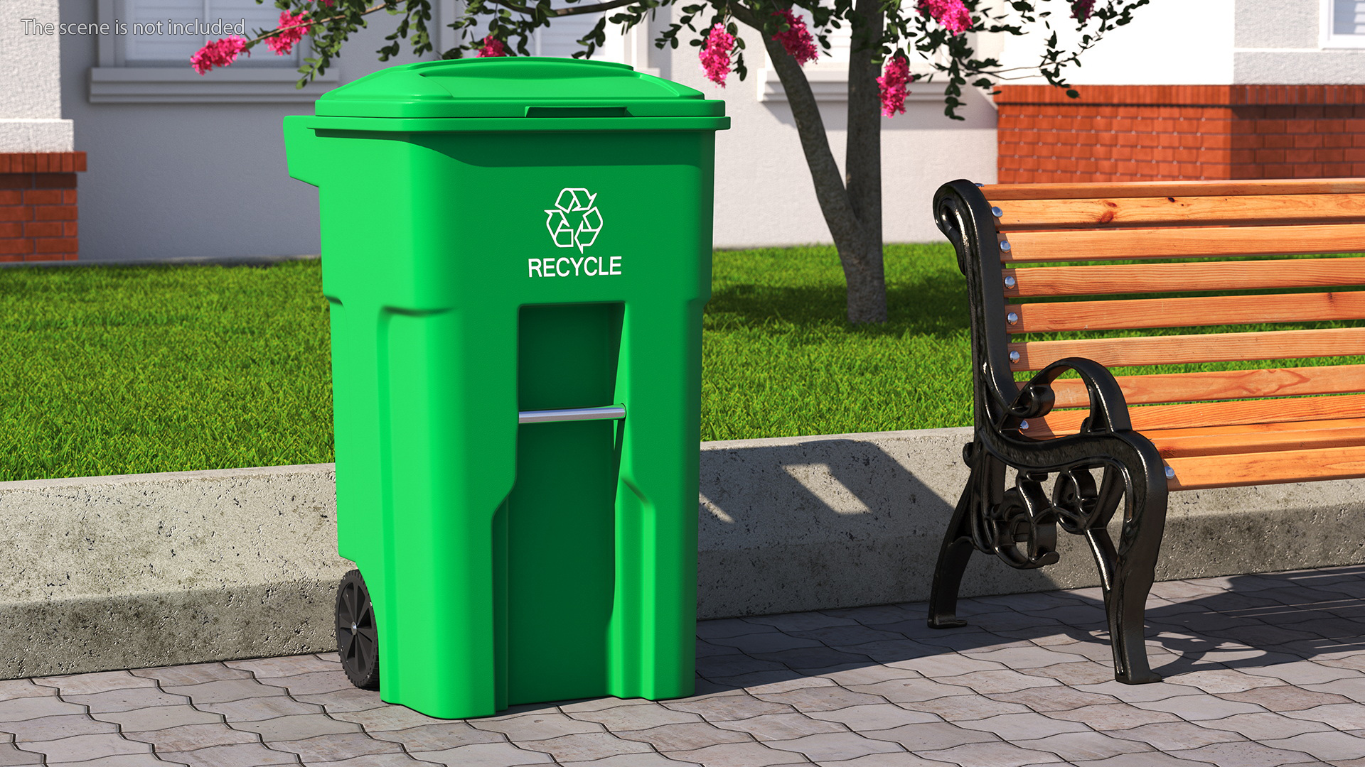 3D Green Plastic Wheeled Recycling Trash Can