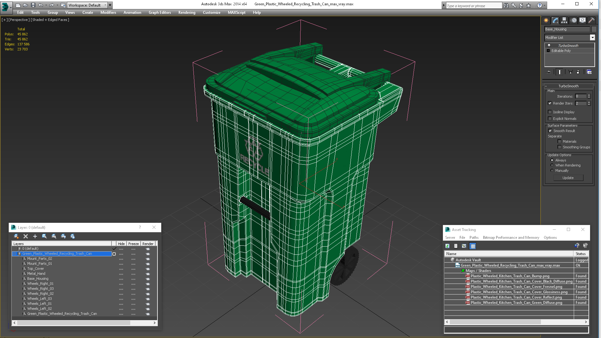 3D Green Plastic Wheeled Recycling Trash Can