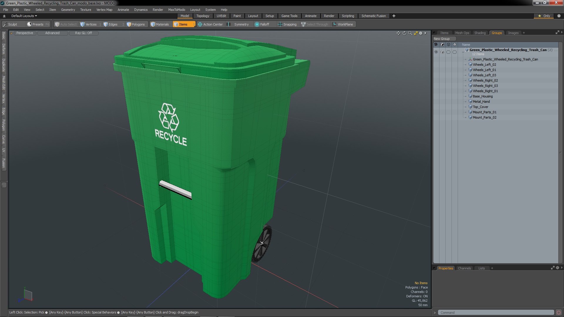 3D Green Plastic Wheeled Recycling Trash Can