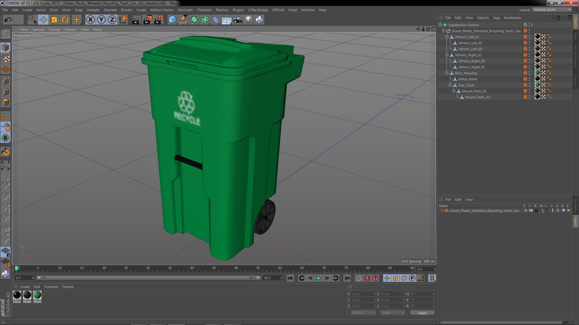 3D Green Plastic Wheeled Recycling Trash Can