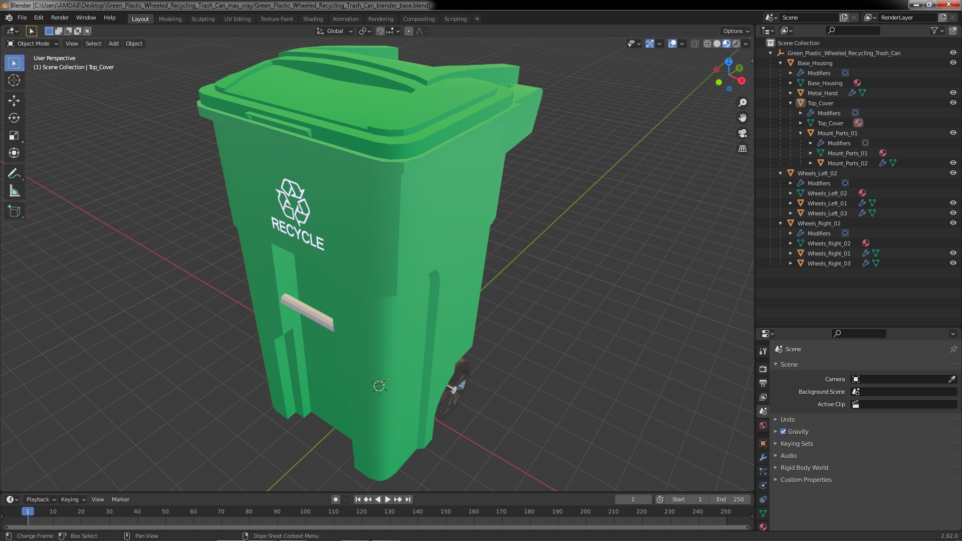 3D Green Plastic Wheeled Recycling Trash Can