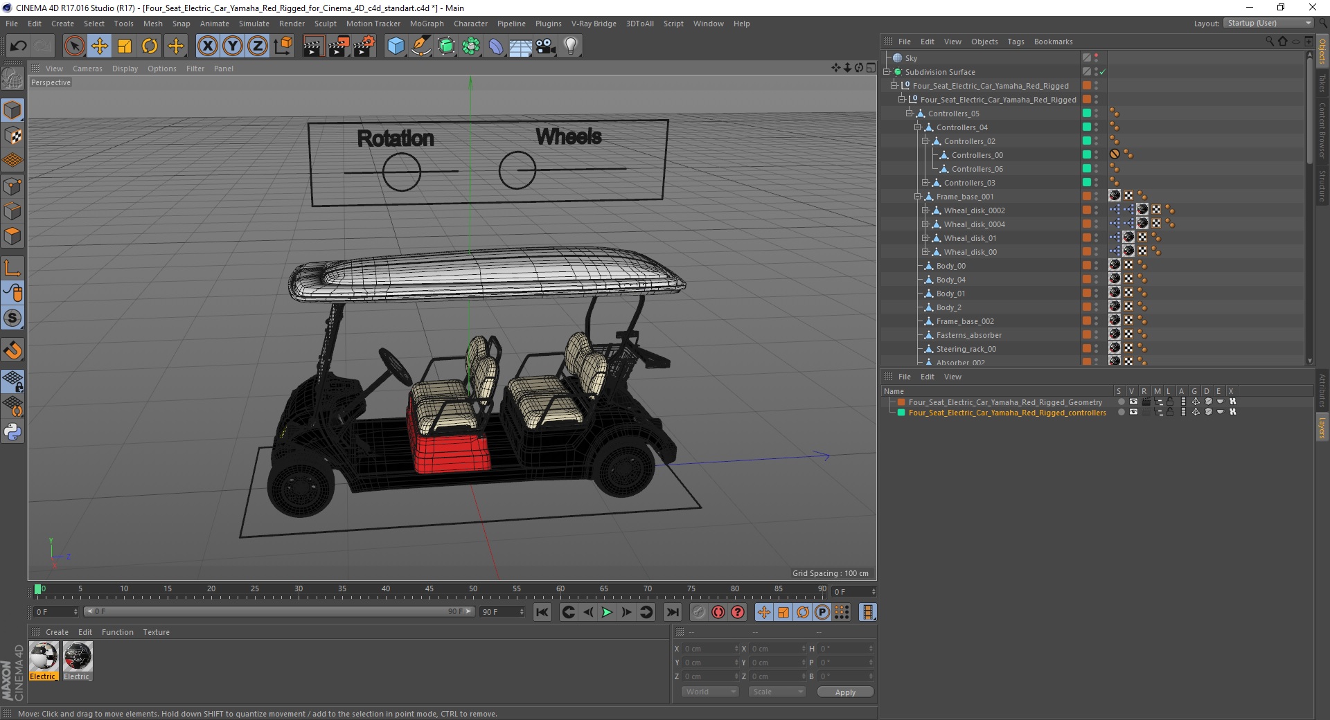 Four Seat Electric Car Yamaha Red Rigged for Cinema 4D 3D model