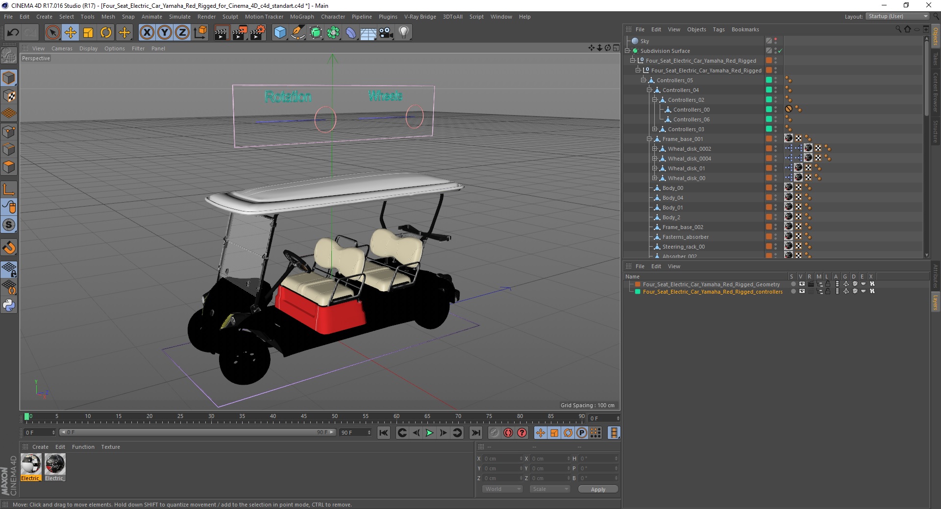 Four Seat Electric Car Yamaha Red Rigged for Cinema 4D 3D model