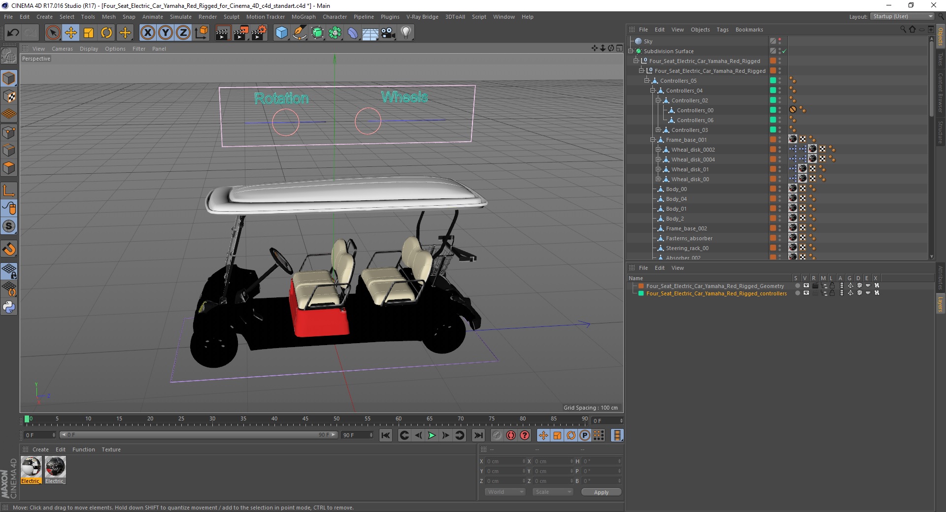 Four Seat Electric Car Yamaha Red Rigged for Cinema 4D 3D model