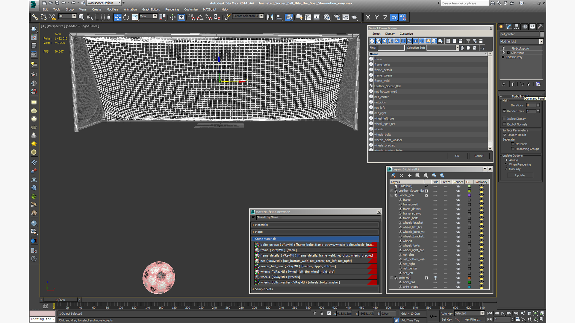 3D model Animated Soccer Ball Hits the Goal Slowmotion