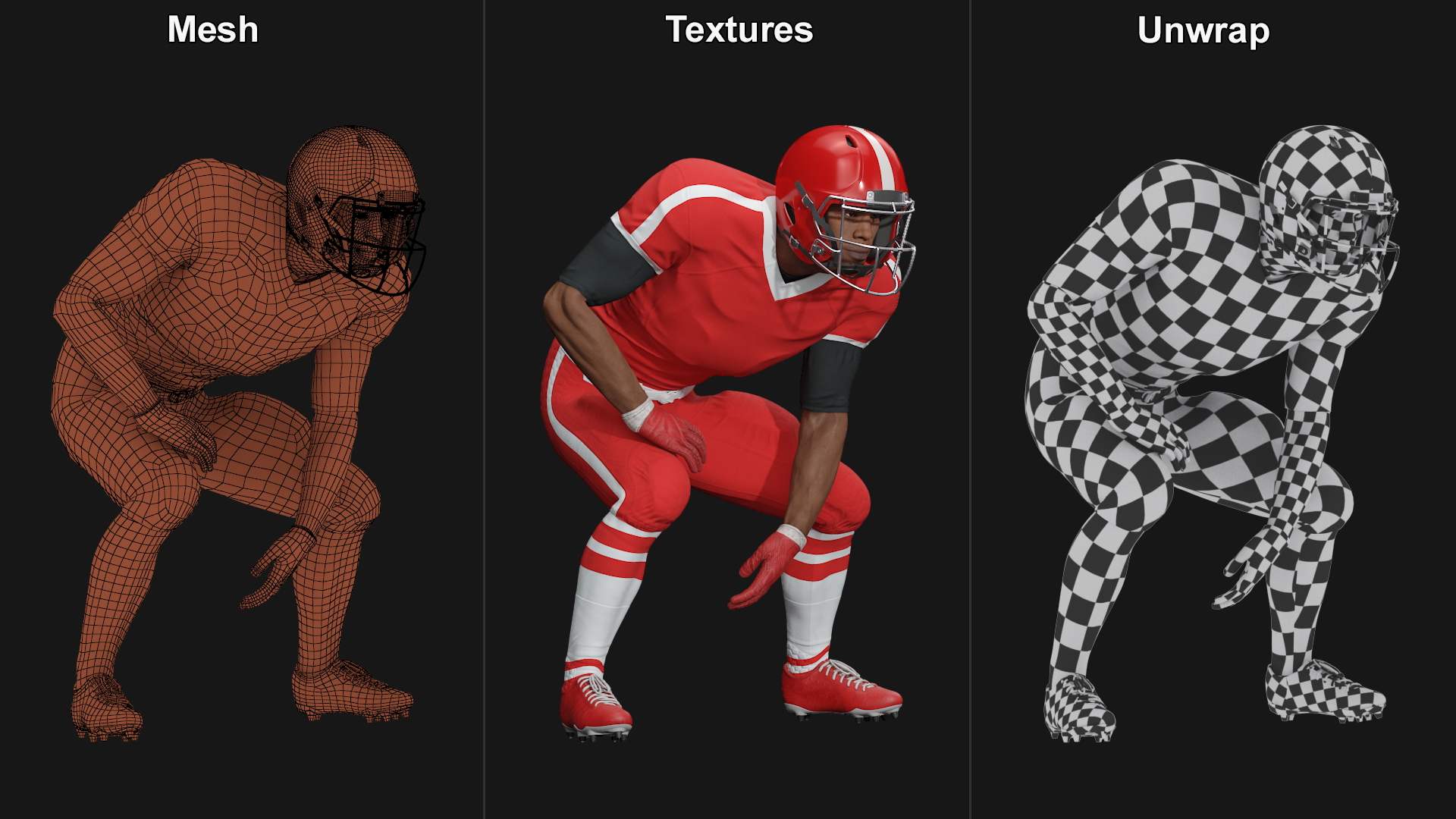 3D Black Man American Football Player Crouching Red Uniform