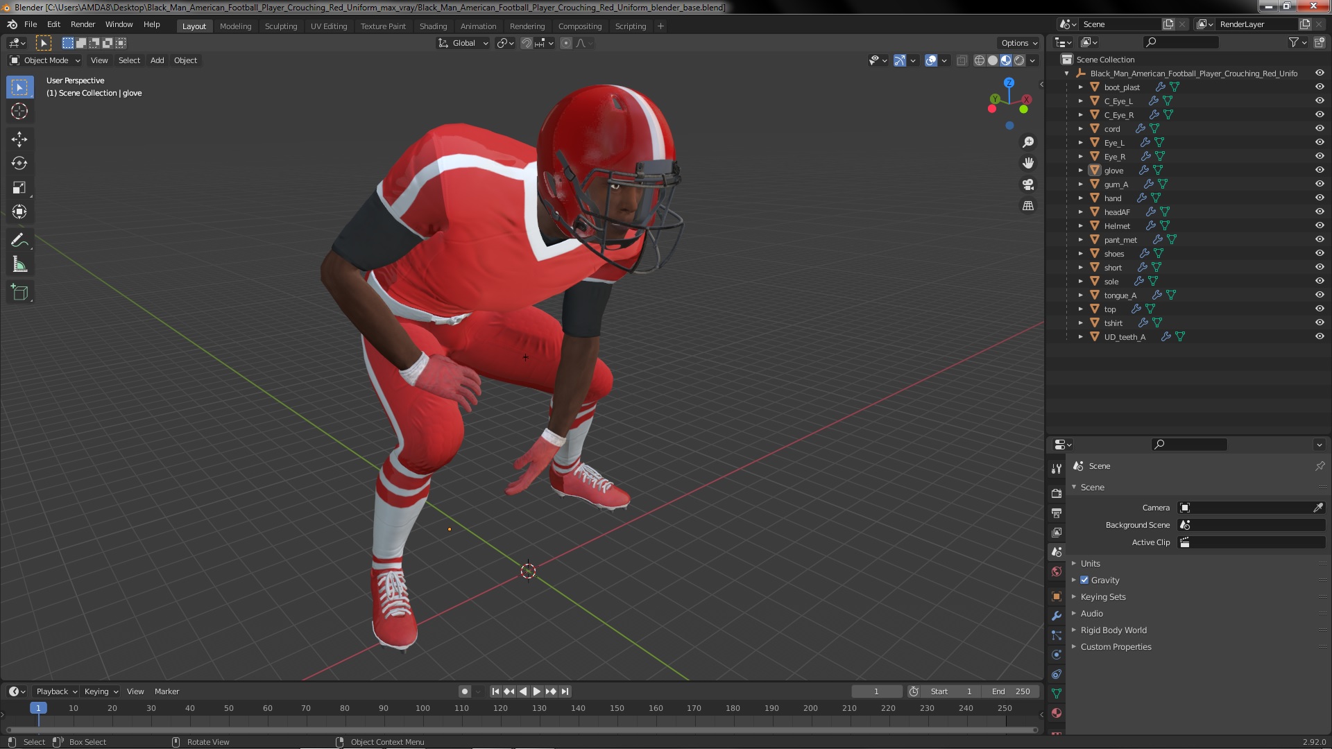 3D Black Man American Football Player Crouching Red Uniform
