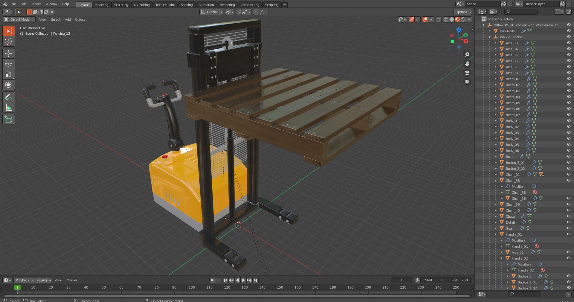 3D model Yellow Pallet Stacker with Wooden Pallet