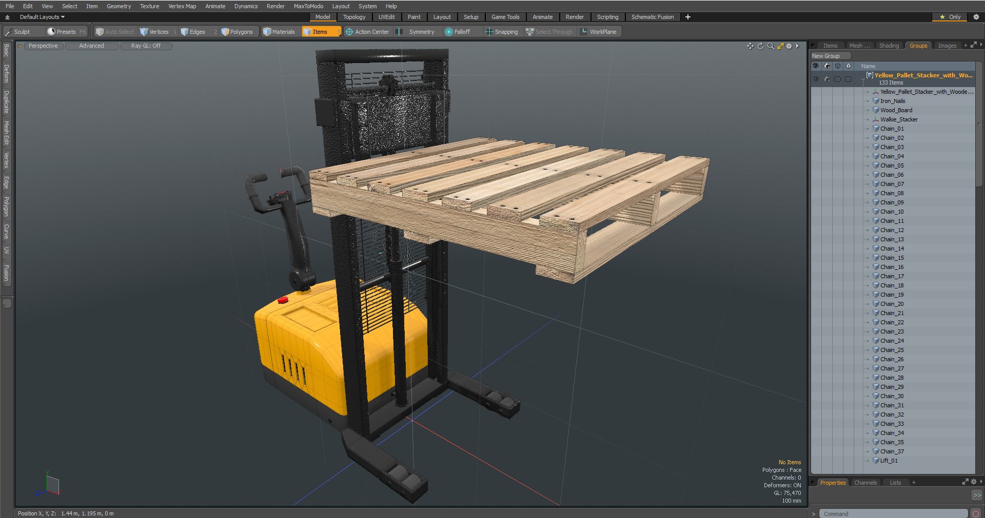 3D model Yellow Pallet Stacker with Wooden Pallet