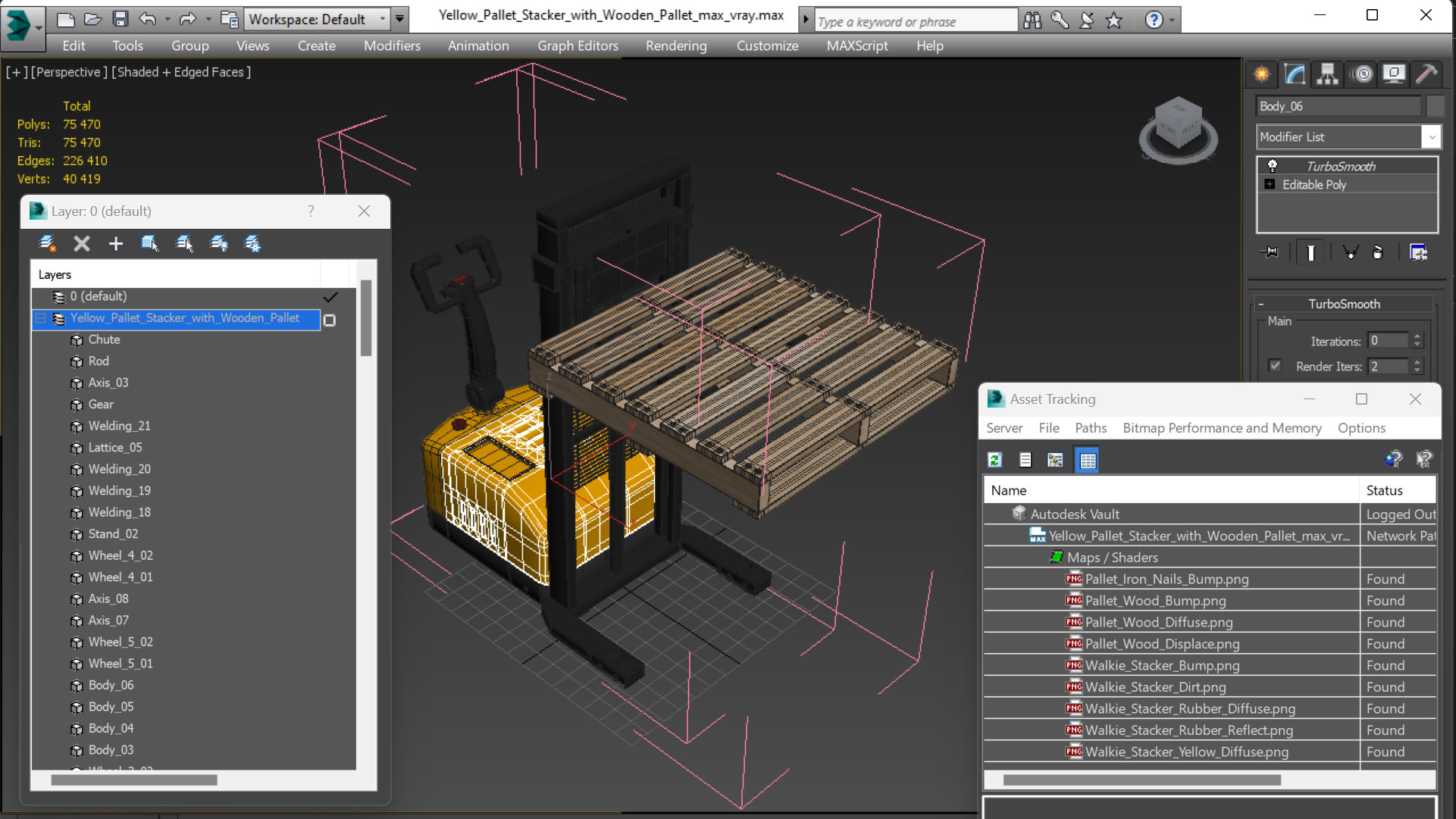 3D model Yellow Pallet Stacker with Wooden Pallet